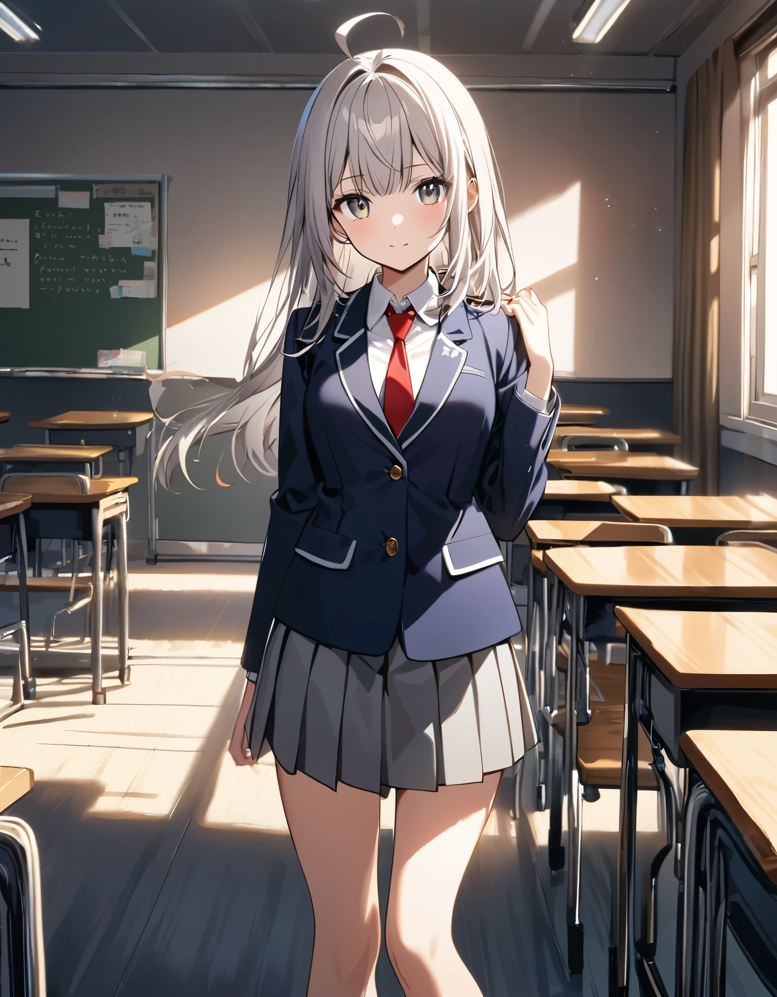 1girl, high school student, suit, dark blue suit jacket, white shirt, red ribbon necktie, grey pleated skirt, miniskirt, bare legs, white socks, brown shoes, (light grey hair, shoulder-length hair, bangs,) hazel eyes, ahoge, beautiful detailed eyes, beautiful detailed face, cute face, medium breasts, age 18, solo, solo focus, standing, classroom backdrop, warm lighting