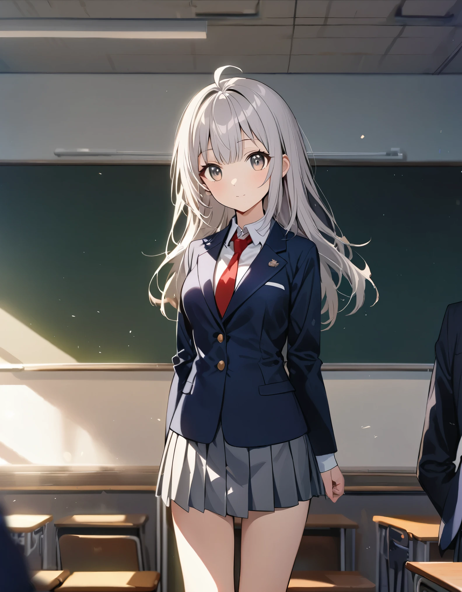 1girl, high school student, suit, dark blue suit jacket, white shirt, red ribbon necktie, grey pleated skirt, miniskirt, bare legs, white socks, brown shoes, (light grey hair, shoulder-length hair, bangs,) hazel eyes, ahoge, beautiful detailed eyes, beautiful detailed face, cute face, medium breasts, age 18, solo, solo focus, standing, classroom backdrop, warm lighting