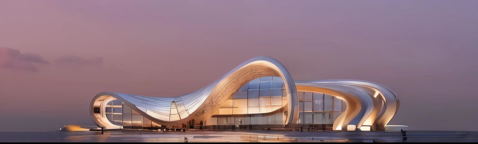 best quality, masterpiece, people, clear sky, sunset or dawn,city center, rain, zaha hadid, curve, flow,