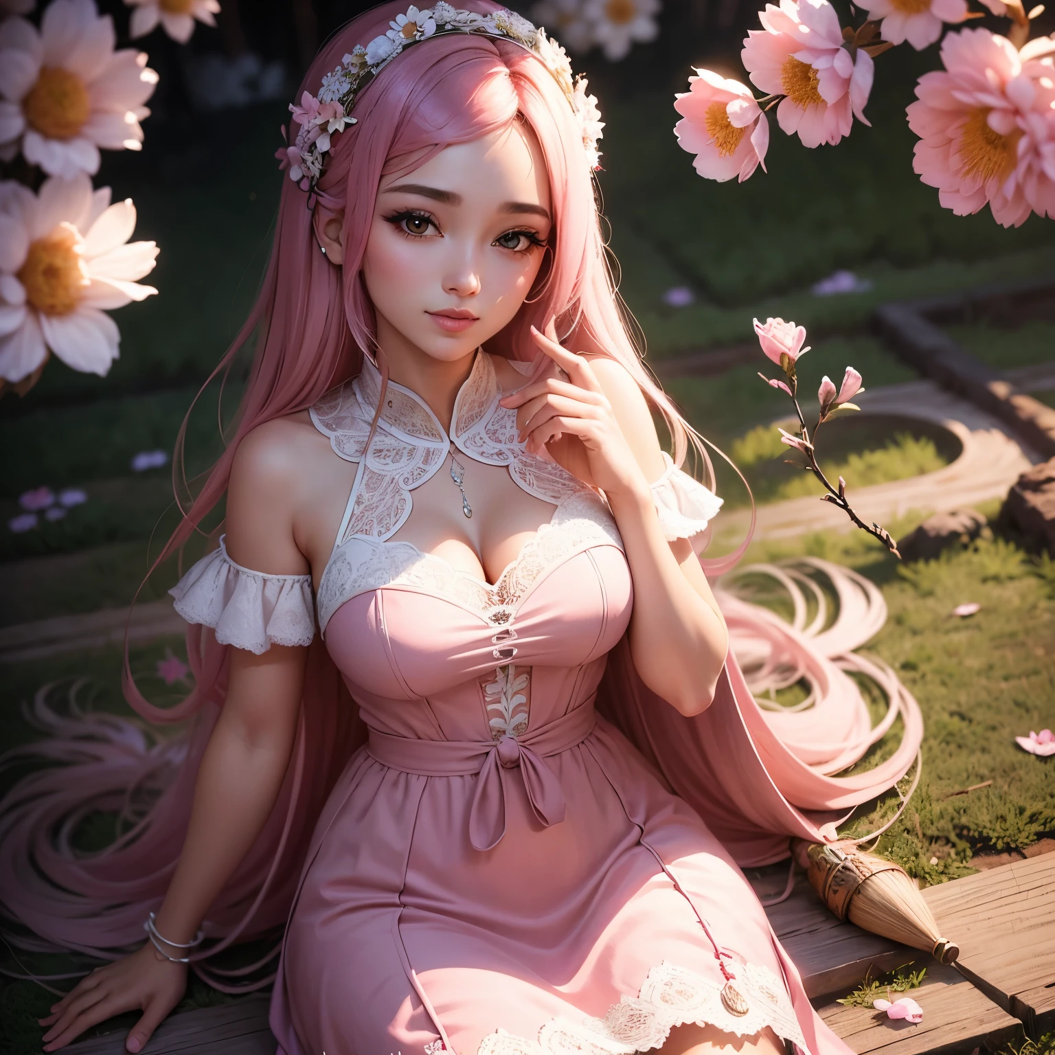 (((Trabalho brilhante))), Melhor qualidade de imagem, Papel de parede 8K de noite de luar em flor de cerejeira com muitos detalhes, The most beautiful illustration, Uma japonesa bonita, Sob as cerejeiras rosadas, O vento sopra suavemente, attention to the details, Moonshine derramando, Saia soprada pelo vento, Unpredictable light and shadow, Romantic details, stunning graphics.