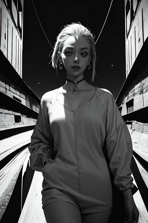 (Crazy Smile 1.5),earrings,Crazy Eyes 1.1,forehead mark,short hair,Red hair,Surrealism,Constructivism,chiaroscuro,relief,Multiple monochrome,Feet outside the camera,cowboy shots,Sony FE GM,Super details,high细节,high, masterpiece, textured ski