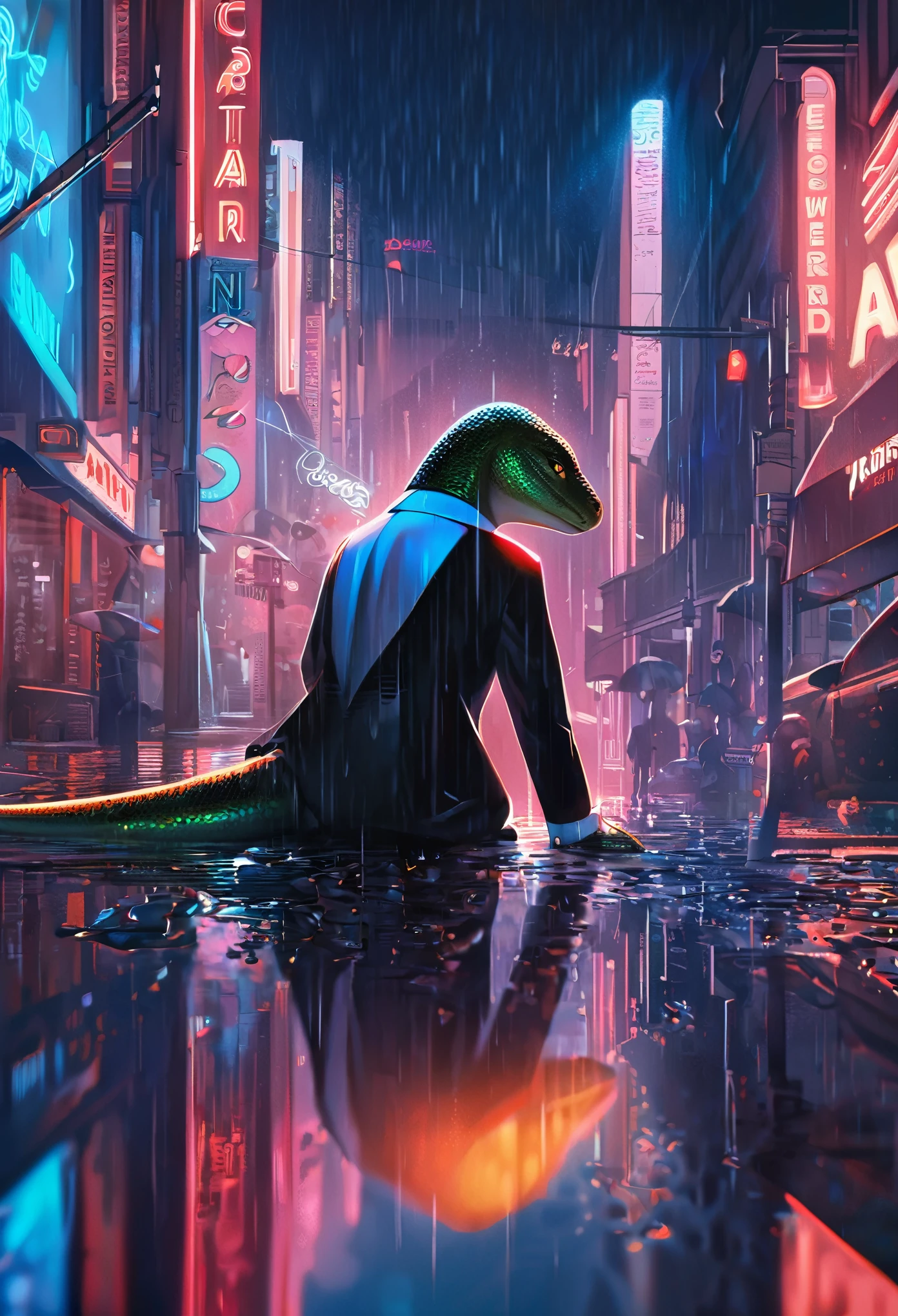 cover page, highres, top quality, best quality, paid reward available, unparalleled masterpiece, perfect artwork, absurdres, High-quality illustrations, super high resolution, detailed background, Lizard wearing a tuxedo wet in the rain, in the city, a night view with neon signs shining, silhouette reflected in a puddle, cinematic lighting,