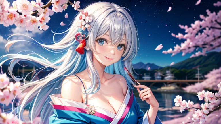 anime, one girl, colorful hair,Silver hair and light blue hair、 Hair is tangled, light blue eyes, Kyoto, cherry blossoms、petal、moon, Kimono with light blue pattern, off shoulder, sitting, alone,cleavage、smile