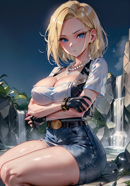 (kda),(and18, 1girl, android 18, solo, blonde hair, blue eyes, belt, jeans, pearl_necklace, bracelet, black gloves, white shirt, short hair, short sleeves, earrings, blue pants, open vest, black vest, large breasts),(naked towel),
master piece,best quality,ultra detailed,8k,
Cute, 20s, slender, delicate, wet towel, transparent skin,
open-air bath,japan,,waterfall,
(glowing:1.4),direct light,(own hugging legs:1.3),lie face down,shoot from below,glossy skin,wet skin