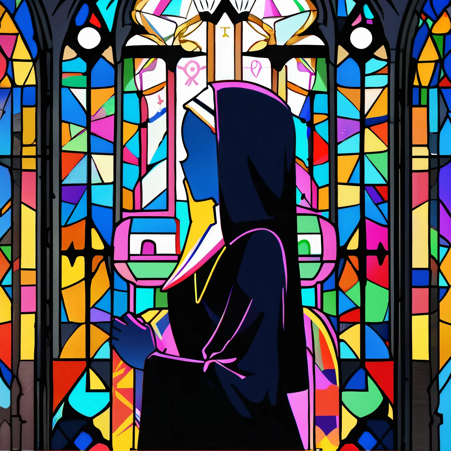 (best quality,8k,highres, masterpiece,ultra-detailed:1.2), (1 nun),A church with intricate and detailed drawings by a professional、Asahi、shining brightly、Intricate stained glass painted by a professional、Pray with Your Hands Folded, (silhouette art,),side view,