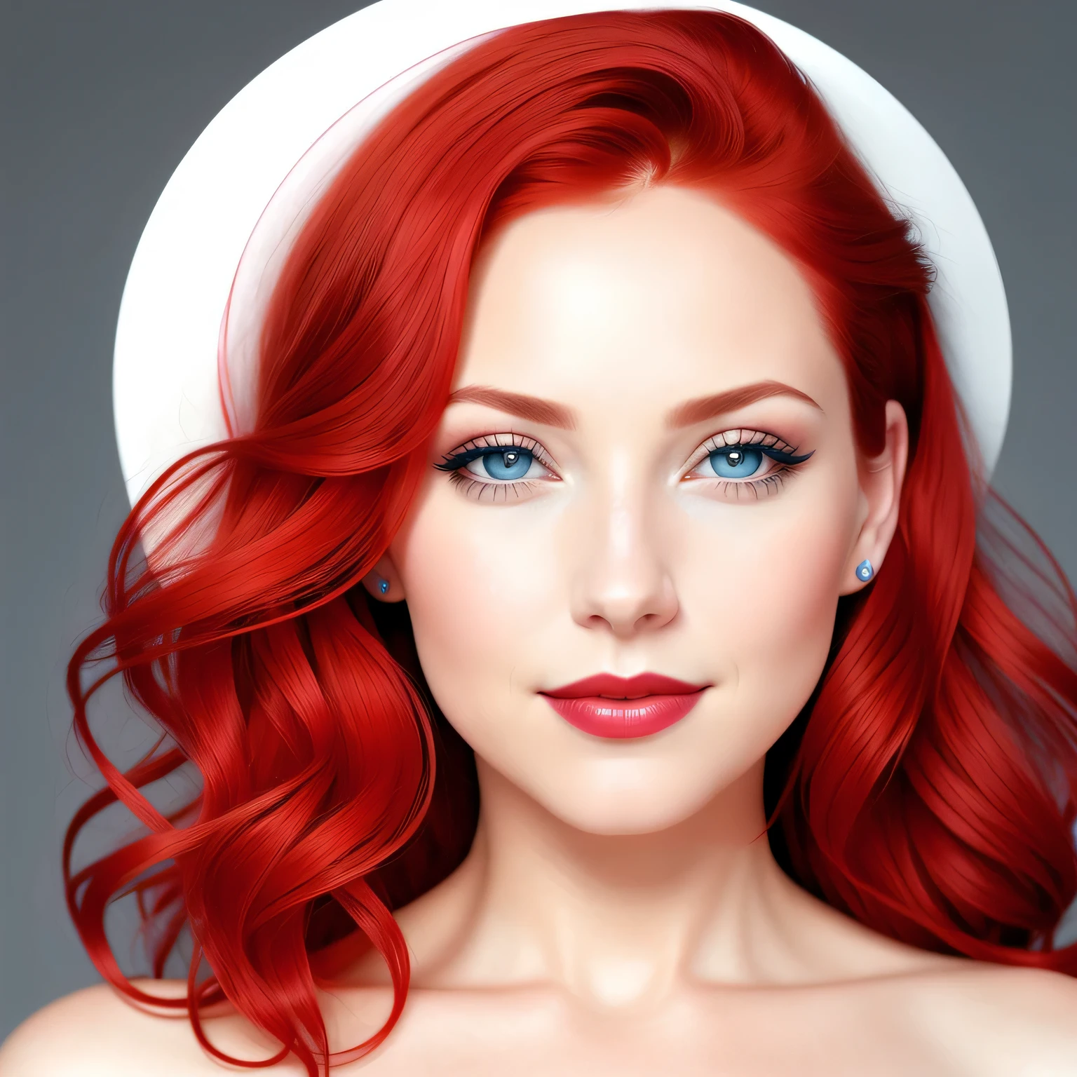 Red hair cascades down in luscious waves, framing the face of a middle-age lady. Blue eyes sparkle with a vibrant color palette adorning her lid. Red lips curved into a gentle smile reveal a round mouth. Her small, defined nose sits perfectly on her white, photorealistic skin.
