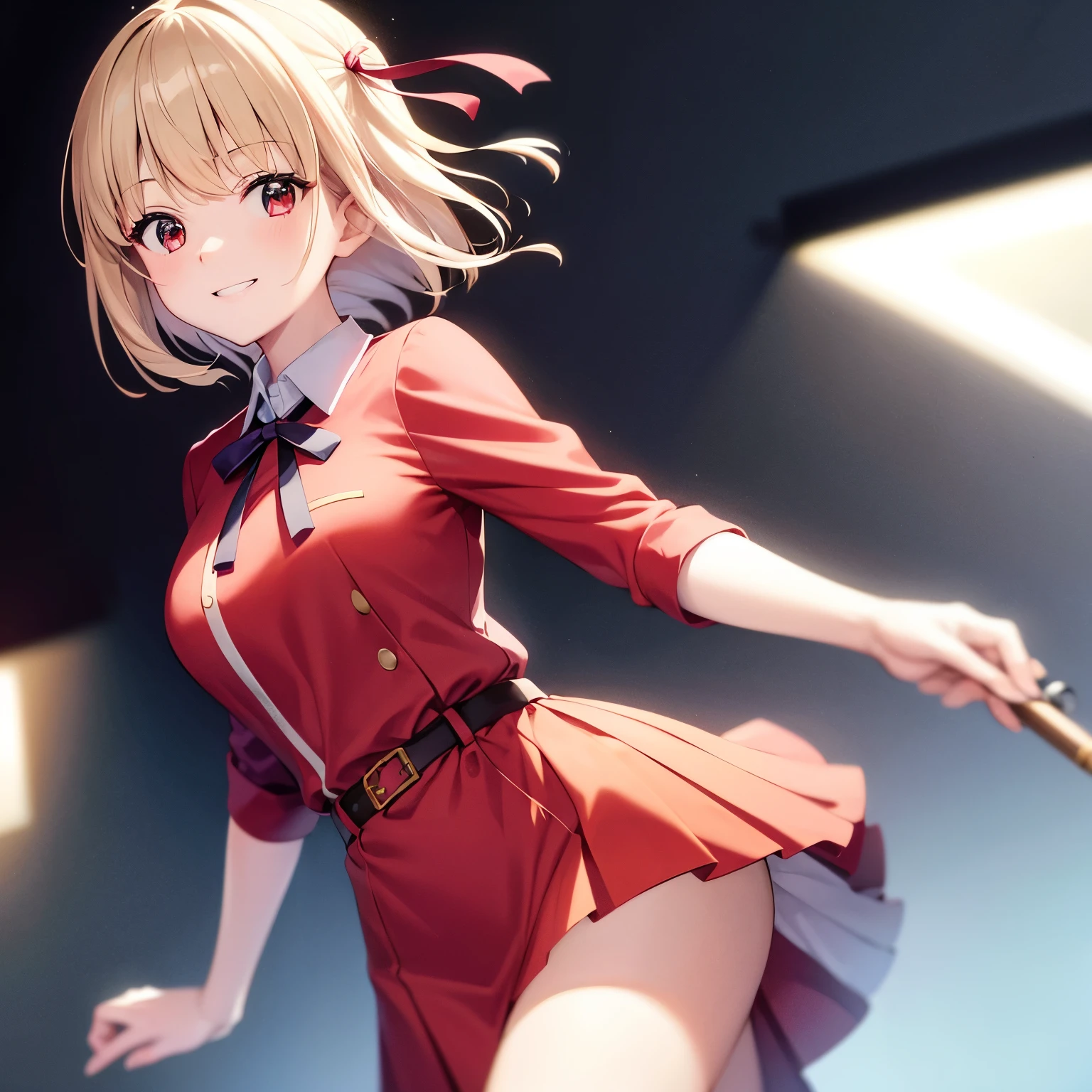 chisato, 1girl, solo, short hair, hair ribbon, breasts, neck ribbon, collared shirt, lycoris uniform, two-tone dress, red dress, grey dress, long sleeves, red belt, face of happiness, smile mouth, (((1girl))),(((Solo))),(((1 person))).