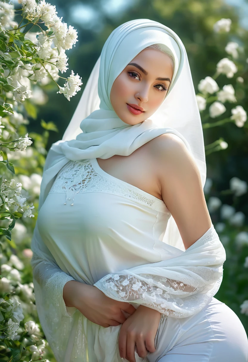 (highres, realistic, professional), beautiful woman, white hijab, proportional breasts, beautiful buttocks, open thighs, visible vagina, soft natural lighting, delicate details, feminine elegance, graceful pose, lush green garden, vibrant flowers, peaceful atmosphere, gentle breeze, serene expression, clear blue sky, dappled sunlight, subtle shadows, refined beauty, radiant complexion, captivating eyes, warm color palette, ethereal ambiance.