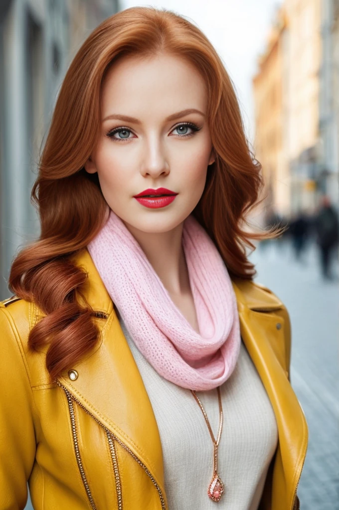 A close-up portrait of a gorgeous, beautiful, stunning russian woman wearing a elegant outfit: a yellow leather jacket, a white blouse, a pastel pink scarf. A redhead woman from Russia, delicate thick rose lips, pastel pink skin tone, soft flawless pale skin, elegant make-up, rose lipstick. Classy, elegant, sophisticated redhead woman, a majestic lady, dream beauty, ethereal beauty, angelical beauty, delicate, sensitive, tender, lovely, romantic, kind-hearted, feminine and strong, brave, determined woman from Russia. Elegant look, pink style, flowing and glowing wavy ginger hair. She's making a photo book, posing for camera, professional photograph, editorial photograph, portrait photograph of a female russian model.