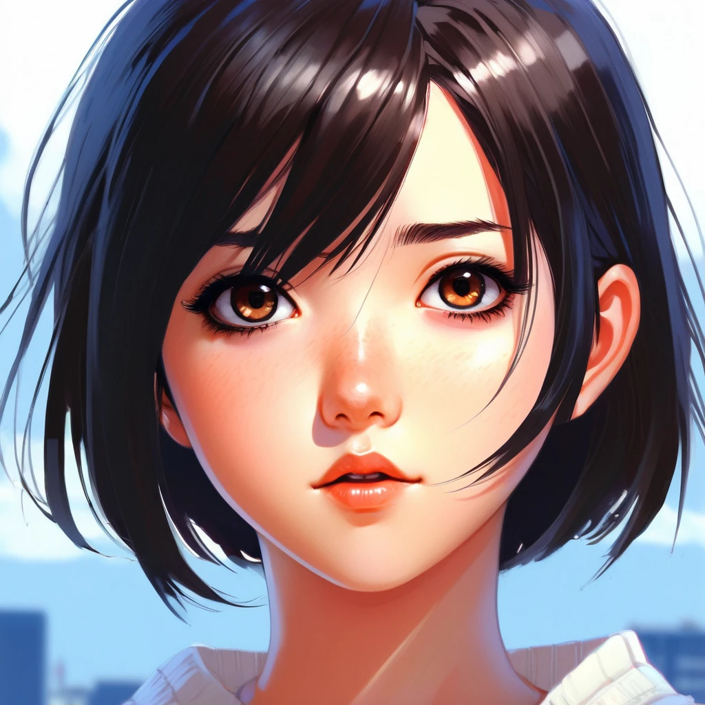 anime girl portrait, big dark brown eyes, black bobcut hair, illustration by ilya kuvshinov and greg rutkowski and Makoto Shinkai, digital painting, sharp focus, high quality, detailed,