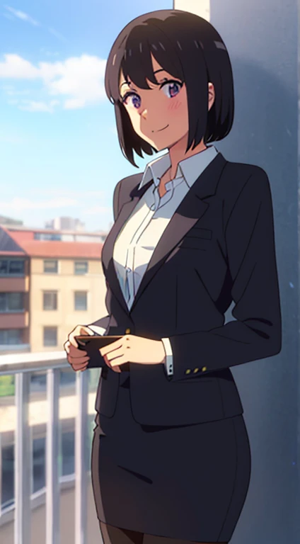 shinkai makoto, kimi no na wa., 1girl, bangs, black hair, blush, dark purple eyes, sky, cloud, looking at the viewer, outdoors, short hair, smile, solo, ​suit, office lady, black skirt, black blazer, pencil skirt, white shirt, collared shirt, brown pantyhose, teenager, europe, sweden, stockholm