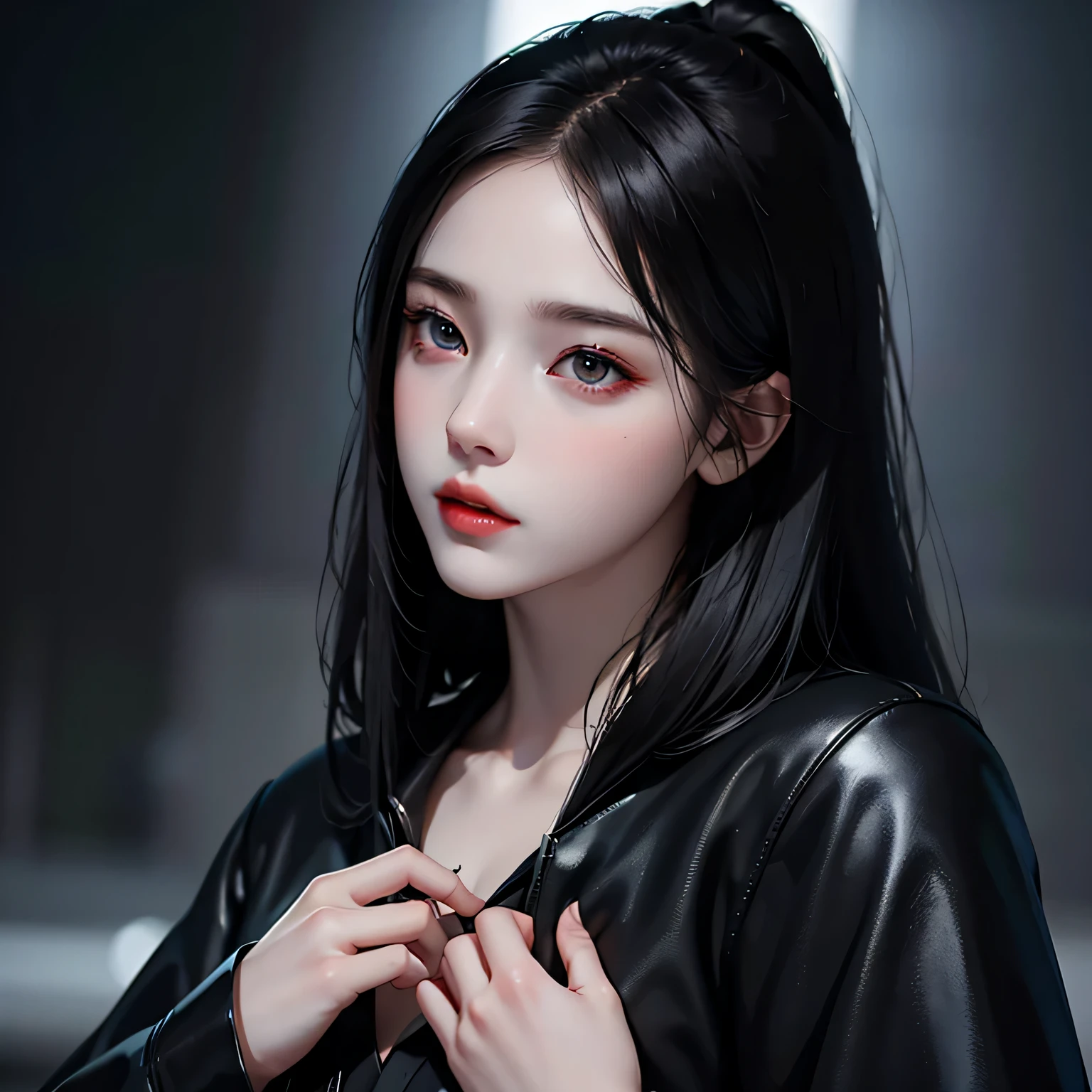 Beautiful girl with realistic black eyes, pale skin, medium length black hair, perfect face, perfect eyes, wearing a coat, very detailed, comprehensive movie, digital painting, 8K, cinematic lighting, highest quality, High resolution, great work, Post-processing, perfect result, surreal，(((revealing clothes)))，big breasts