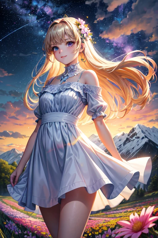 #Imagination 1: The Girl with Light, dynamic angle, Surrounded by pianos, Clouds and mountains in the distant background々can be seen. A flower field blooms in the foreground, A scene where a white dress gently sways. Light trails softly illuminate the scene, While floating, Colorful breeze adds fun (1.4). This official artwork, Created in Unity at 8K resolution, Extremely exquisite beauty and elegance. The girl's glowing skin catches the cinematic lighting, Highlight her beautiful features. she looks calm, Immerse yourself in a gentle and light smile (1.4). The highest quality masterpieces