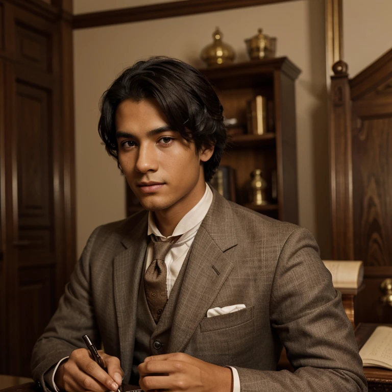 Young man with tan skin, black hair and brown eyes. He is wearing a refined suit from the 1890s and writing with a quill.