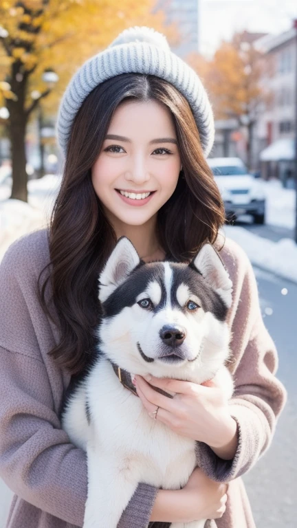smile,beautiful woman,heavy winter coat,a woolly hat,gloves,holding a snow-white husky,whose fur gleams pristine in the winter sunlight,The woman's demeanor exudes gentleness and affection,a serene winter street,trees lining the sides covered in white snow,warmth and happiness,photo r3alm,Extremely Realistic