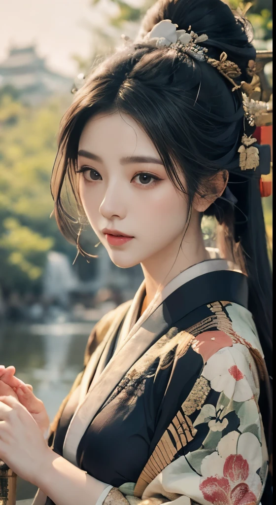 best quality，masterpiece，high resolution,Chinese Hanfu，traditional Chinese painting，luxury headwear，Gauze Kimono， xianxia, Dress conservatively，necklace，jewelry，beautiful face，full body portrait，bamboo forest，4k wallpaper，masterpiece，best quality，Super detailed，HD，无与伦比的masterpiece