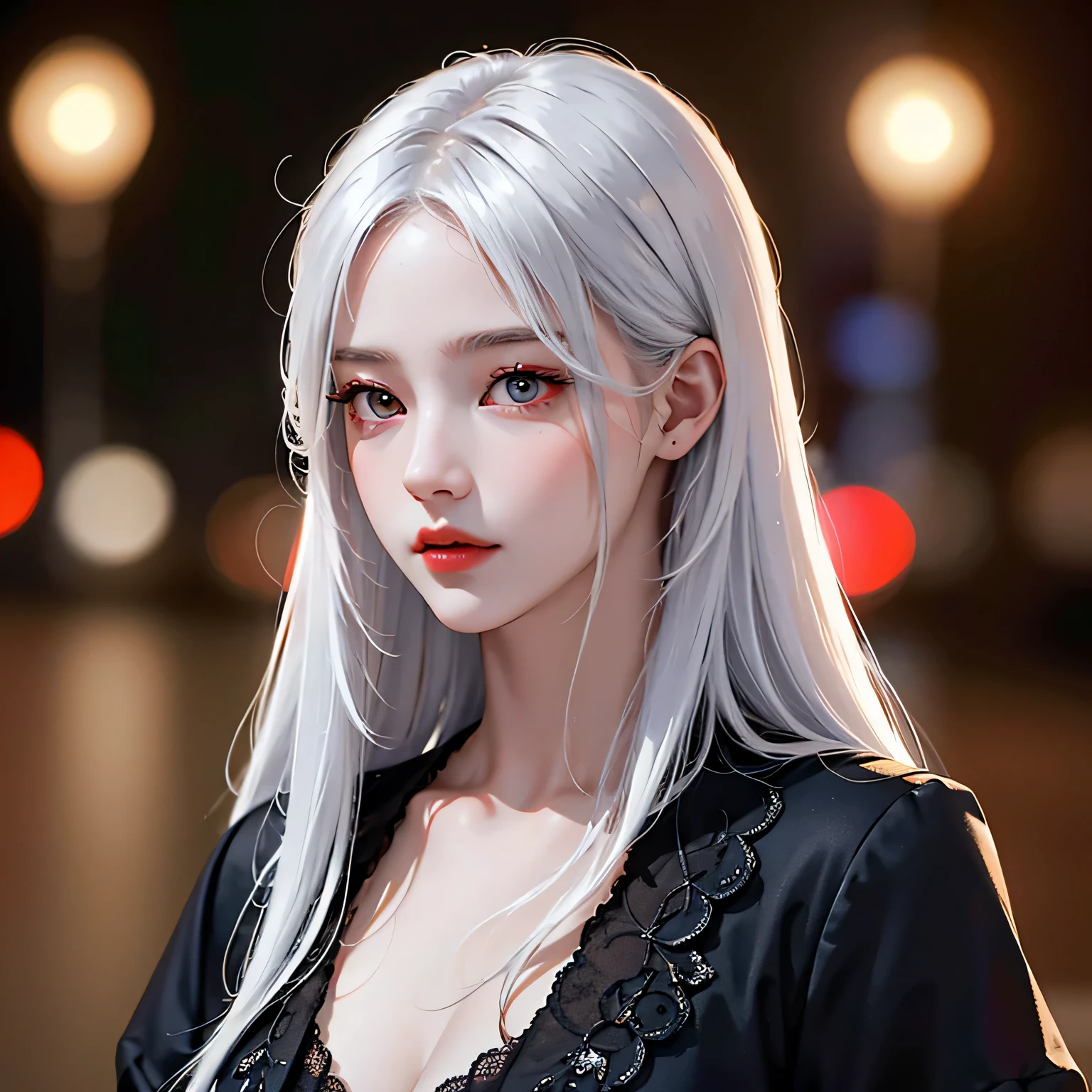 masterpiece, highest quality, very detailed, cinematic lightning, intricate details, High resolution, official art, Beautiful detailed face and eyes, High resolutionのイラスト, 8K, Depth of the bounds written, Bokeh, alone, 1 girl, girl with white hair and red eyes, long white hair, beautiful red eyes, beautiful scenery, rainy city, Upper body, looking at the viewer, close