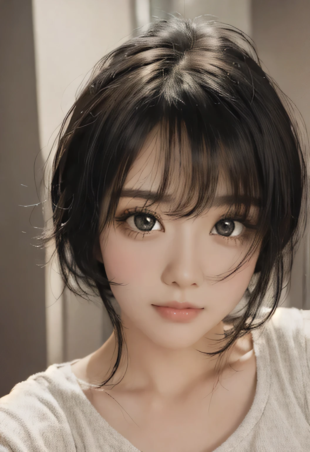 {8K,HD,},girl portrait photography, close up photo, upper body photo, , soft front light, beautiful expression, cute face, beautiful breasts, big breasts:,girl with short black hair and white top, short brown hair and big eyes, black hair and big eyes, Stunning facial portrait, cute realistic portrait, , Realistic young woman, realistic face,, Realistic and beautiful big eyes, surreal ,