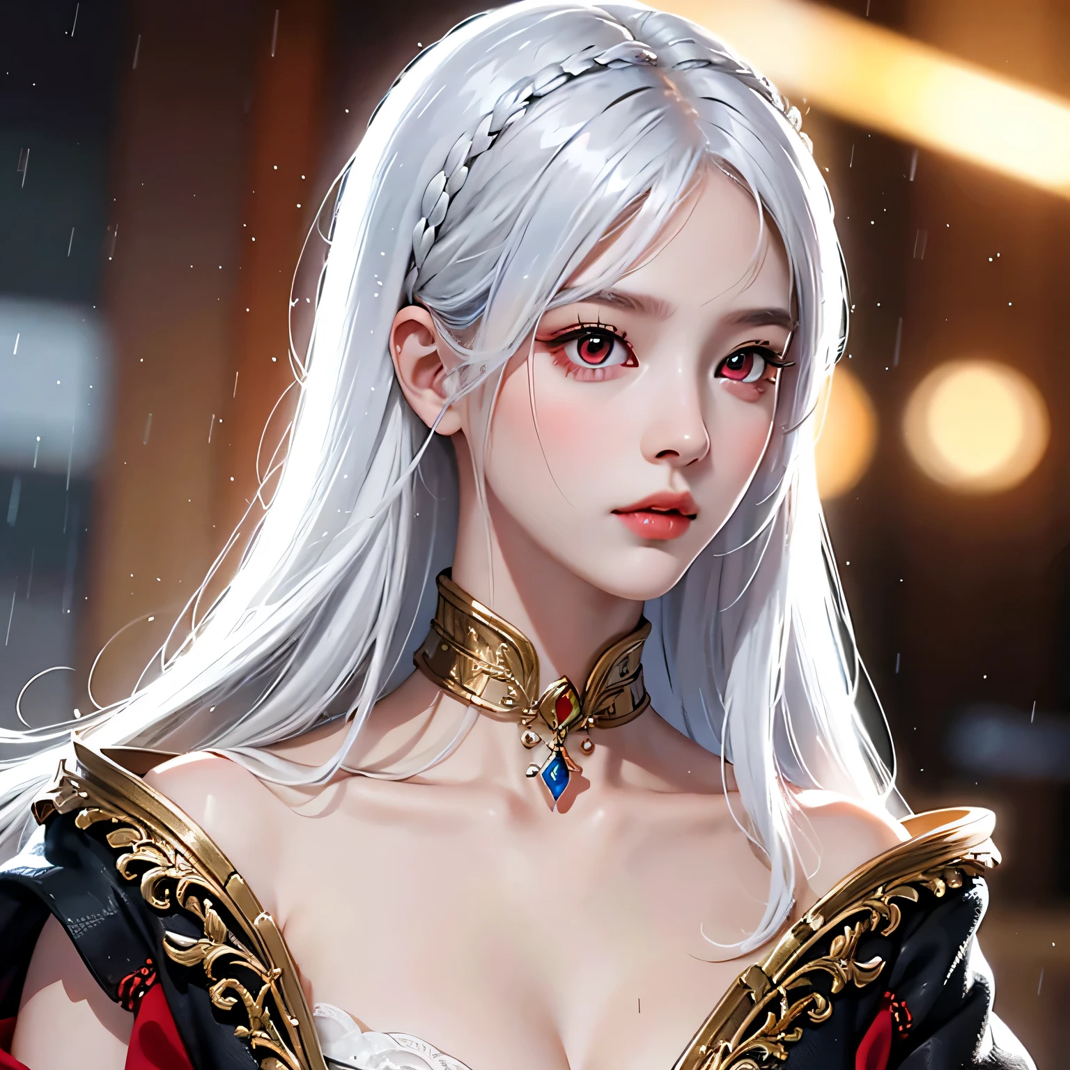 masterpiece, highest quality, very detailed, cinematic lightning, intricate details, High resolution, official art, Beautiful detailed face and eyes, High resolutionのイラスト, 8K, Depth of the bounds written, Bokeh, alone, 1 girl, girl with white hair and red eyes, long white hair, beautiful red eyes, beautiful scenery, rainy city, Upper body, looking at the viewer, close