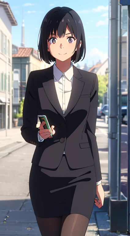 shinkai makoto, kimi no na wa., 1girl, bangs, black hair, blush, dark purple eyes, sky, cloud, looking at the viewer, outdoors, short hair, smile, solo, suit, office lady, black skirt, black blazer, pencil skirt, white shirt, collared shirt, brown pantyhose, teenager, europe, sweden, stockholm