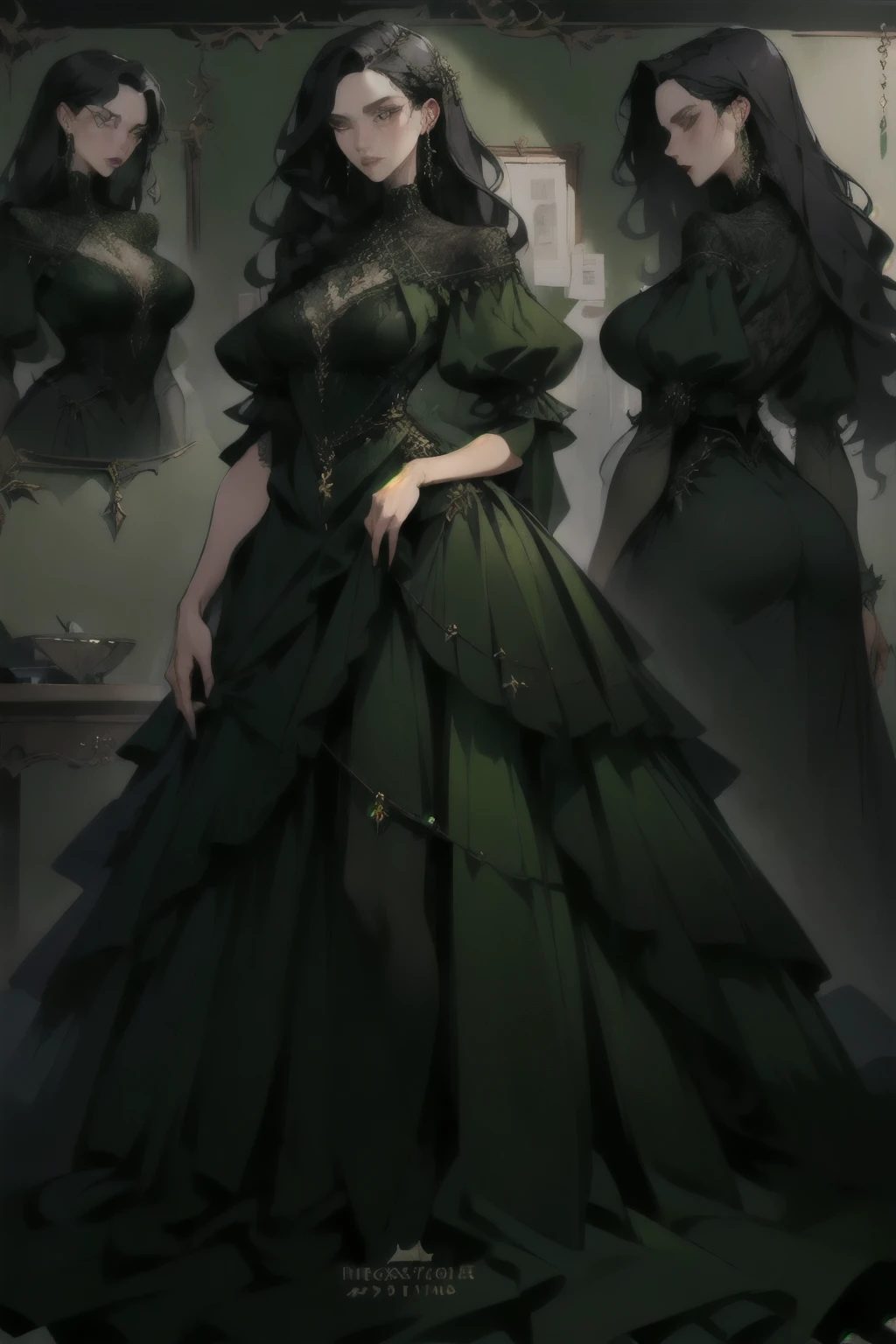 (masterpiece, best quality:1.3), 1woman, black hair, green dress, detailed, text, concept 