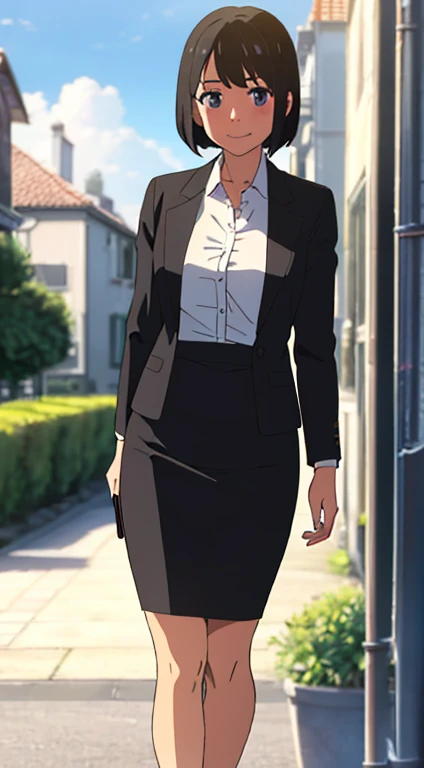 shinkai makoto, kimi no na wa., 1girl, bangs, black hair, blush, dark purple eyes, sky, cloud, looking at the viewer, outdoors, short hair, smile, solo, ​suit, office lady, black skirt, black blazer, pencil skirt, white shirt, collared shirt, brown pantyhose, teenager, europe, sweden, stockholm