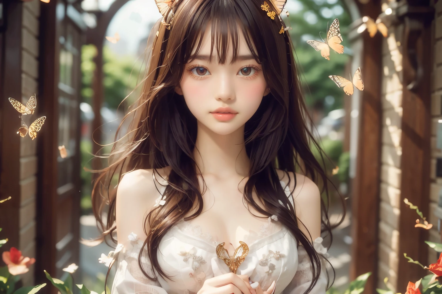 1 girl, masterpiece, very detailed, ((cinematic lighting)), (shine), ((dramatic lighting)), ((beautiful delicate shine)), intricate details, Lens flare, blonde, long hair, colorful dresses, butterfly hair ornament, butterfly, (particles of light), turn your arms behind your back, medium chest, [take up], cowboy shot, light smile, green eyes, church, Stained glass, Spotlight, dark background, floating hair, floating hair, looking at the viewer,((colorful))