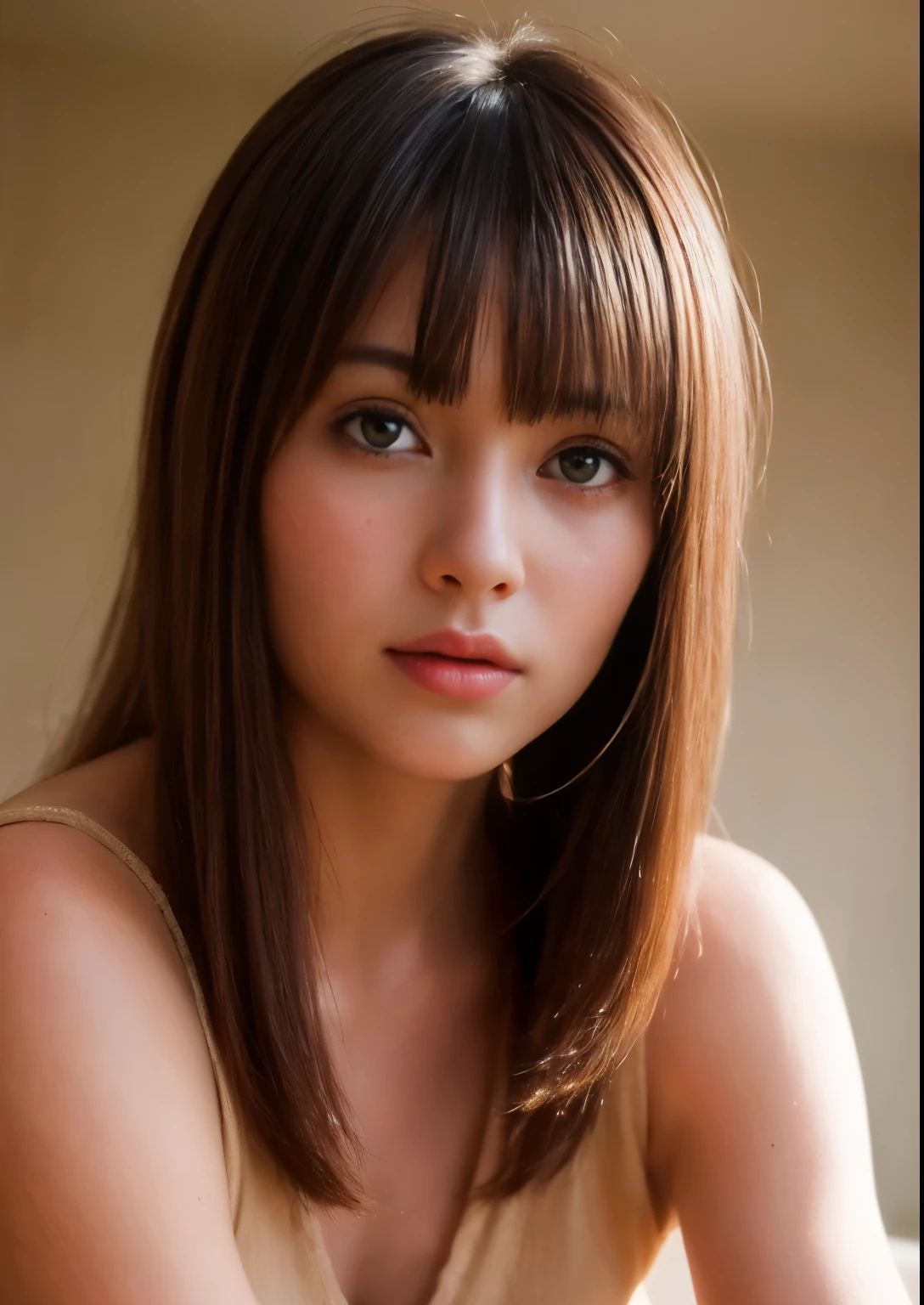 masterpiece, Best Quality, 8K, 20 yo, (Large :1.2), cuddly, Solo, sad, close up, Cute, Girly, Delicate girl, Neat and clean beauty,  Raw photo, Professional Photography, Portrait, Soft light, Professional Lighting, Back lighting, Upper body, Looking away, Sophisticated, Film grain, (Eyes and faces with detailed:1.0), short length floating hair , beautiful flowing hair, bangs, silk blouse,
