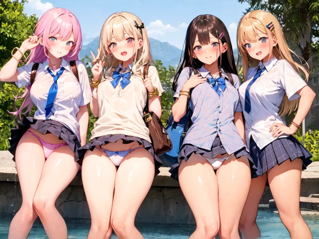 Texture CG, ((Ultra Detail Art)), ((​master piece)), (extremely details CG),Multiple girls,3girls,harem , school gals ,school gyaru ,((((school unifrom))),skirt ,(((pleated mini skirt)))), white shirt, school bag, bag , beautiful legs, wind lift, panty shot, show off panties, clothes pull, ((string panties),(white sexy panties)),long hair, blonde hair, brown hair, pink hair, silver hair, Curve, Beautiful detailed eyes , gleaming skin, bracelet, ,hair ornament, hairclip, jewelry, open mouth ,light smile, embarrassed:1.4,