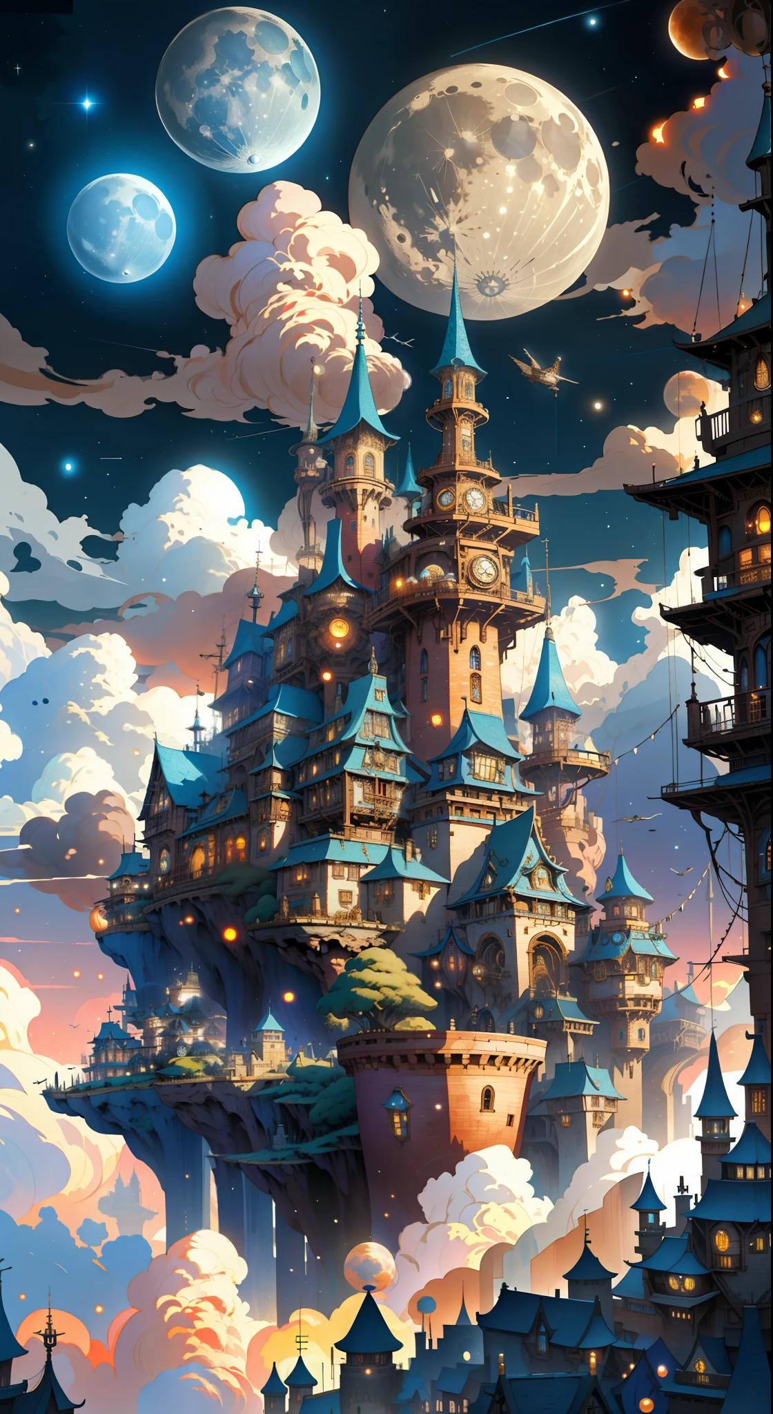 Magical night,sky cities。Views of the steampunk cityscape,The moon in the distance,meteors,flying cloud castle,Steampunk City,small spaceships,steampunk concept art,steampunk villages castles,The Victorian steampunk megacity,Steampunk City,Inspired by Ian Mack,very far royal steampunk castle,Steampunk city background,Old steampunk city,detailed digital concept art,flying ships in the background。rich details,higher details,Superior color,(Strong color contrast)。
