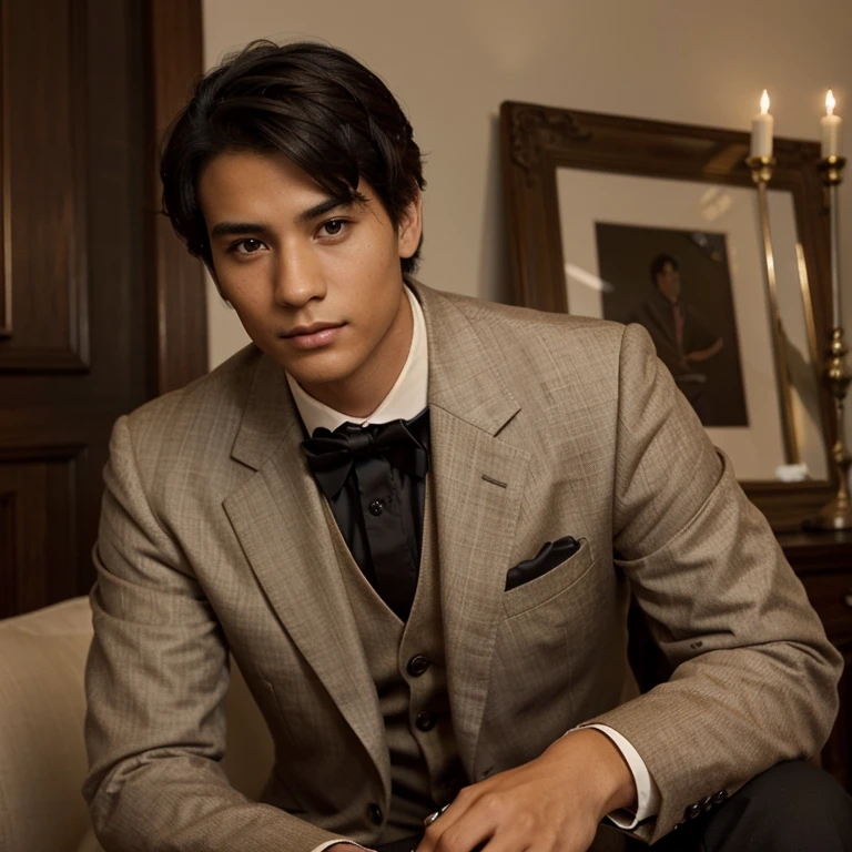 Young man with tan skin, black hair and brown eyes. He is wearing a refined suit from the 1890s. He has a strong frame and writing with a quill.