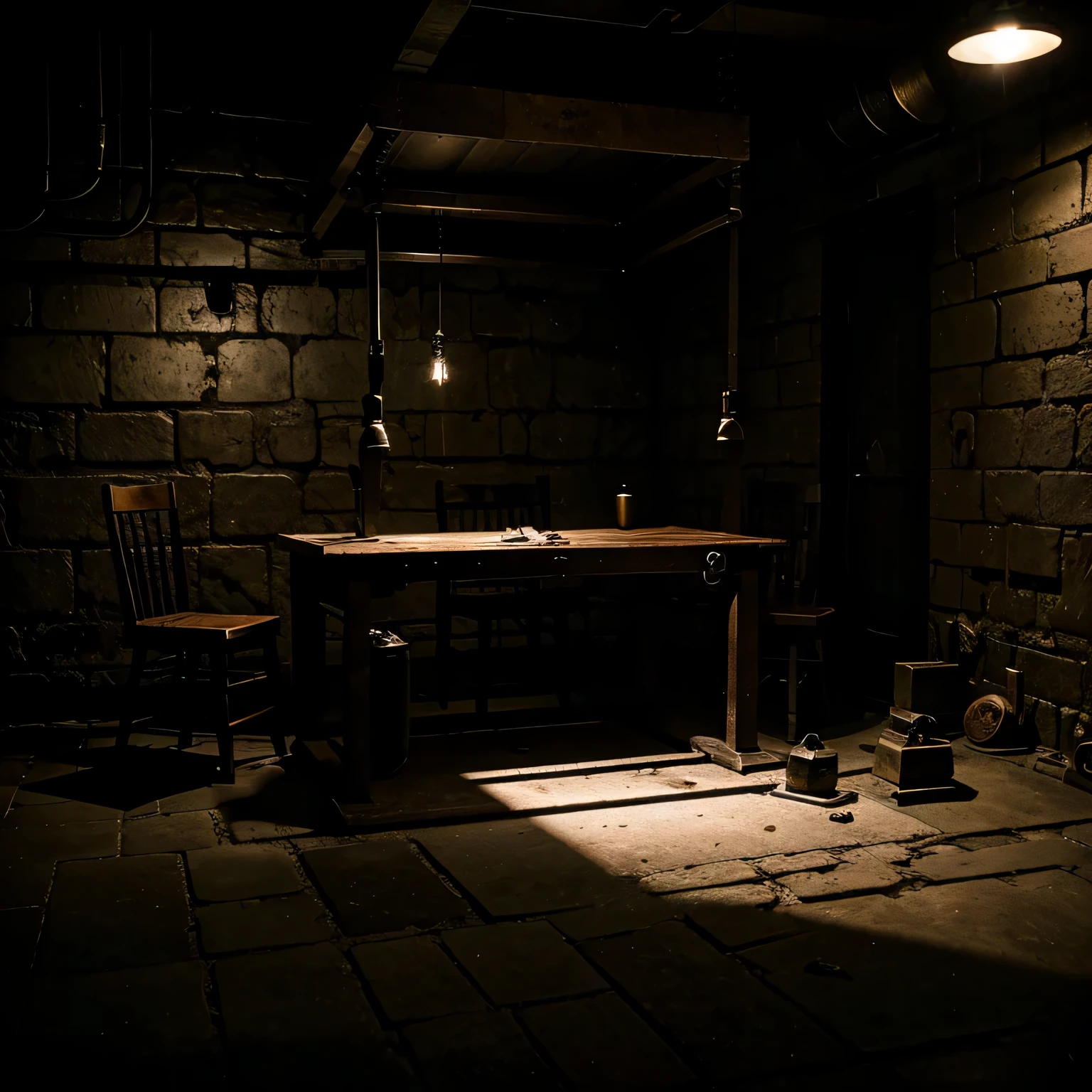 Dimly lit dungeon, interrogation setup, torture devices