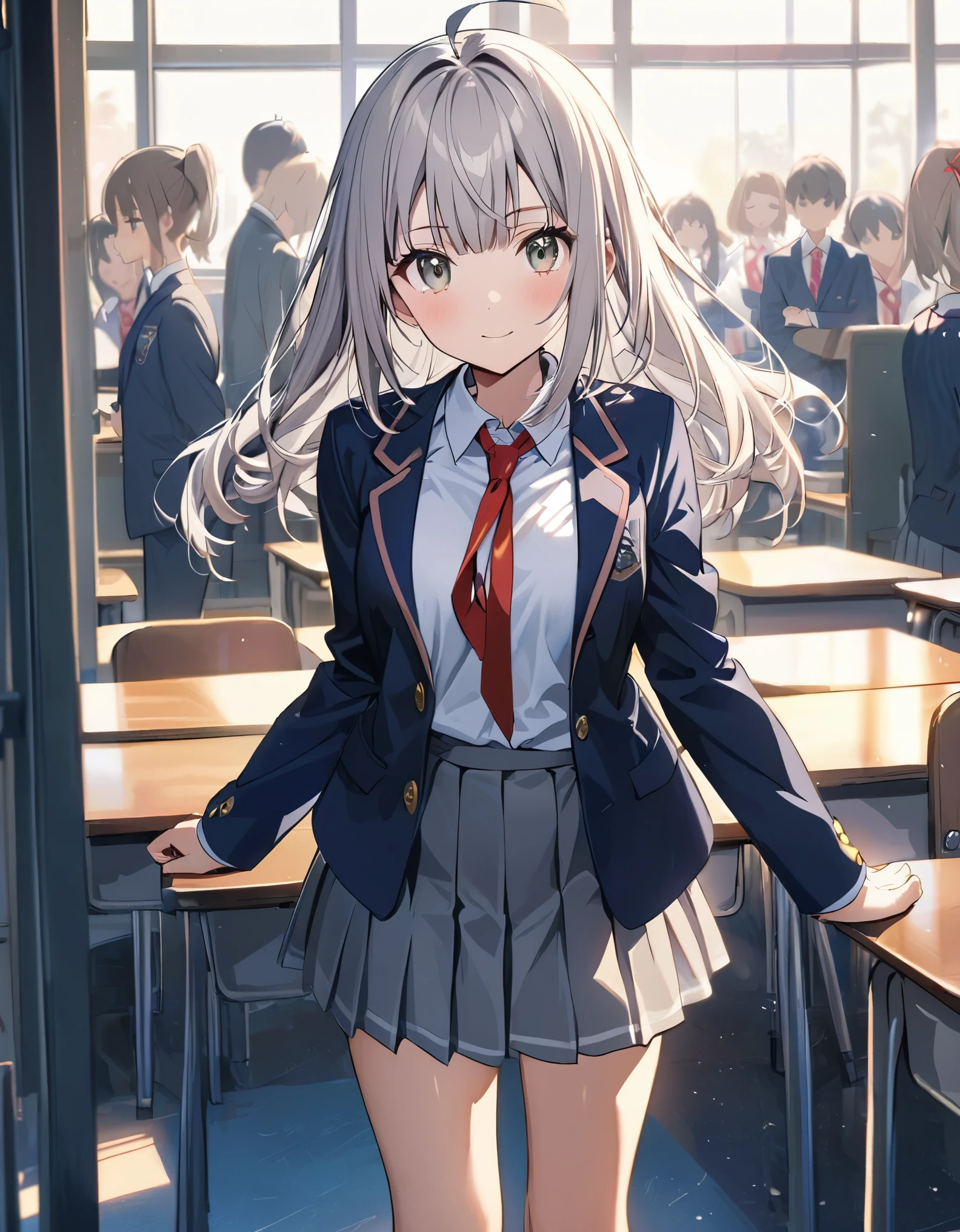 1girl, high school student, suit, dark blue suit jacket, white shirt, red ribbon necktie, grey pleated skirt, miniskirt, bare legs, white socks, brown shoes, (light grey hair, shoulder-length hair, bangs,) hazel eyes, ahoge, beautiful detailed eyes, beautiful detailed face, cute face, medium breasts, age 18, solo, solo focus, standing, classroom backdrop, warm lighting