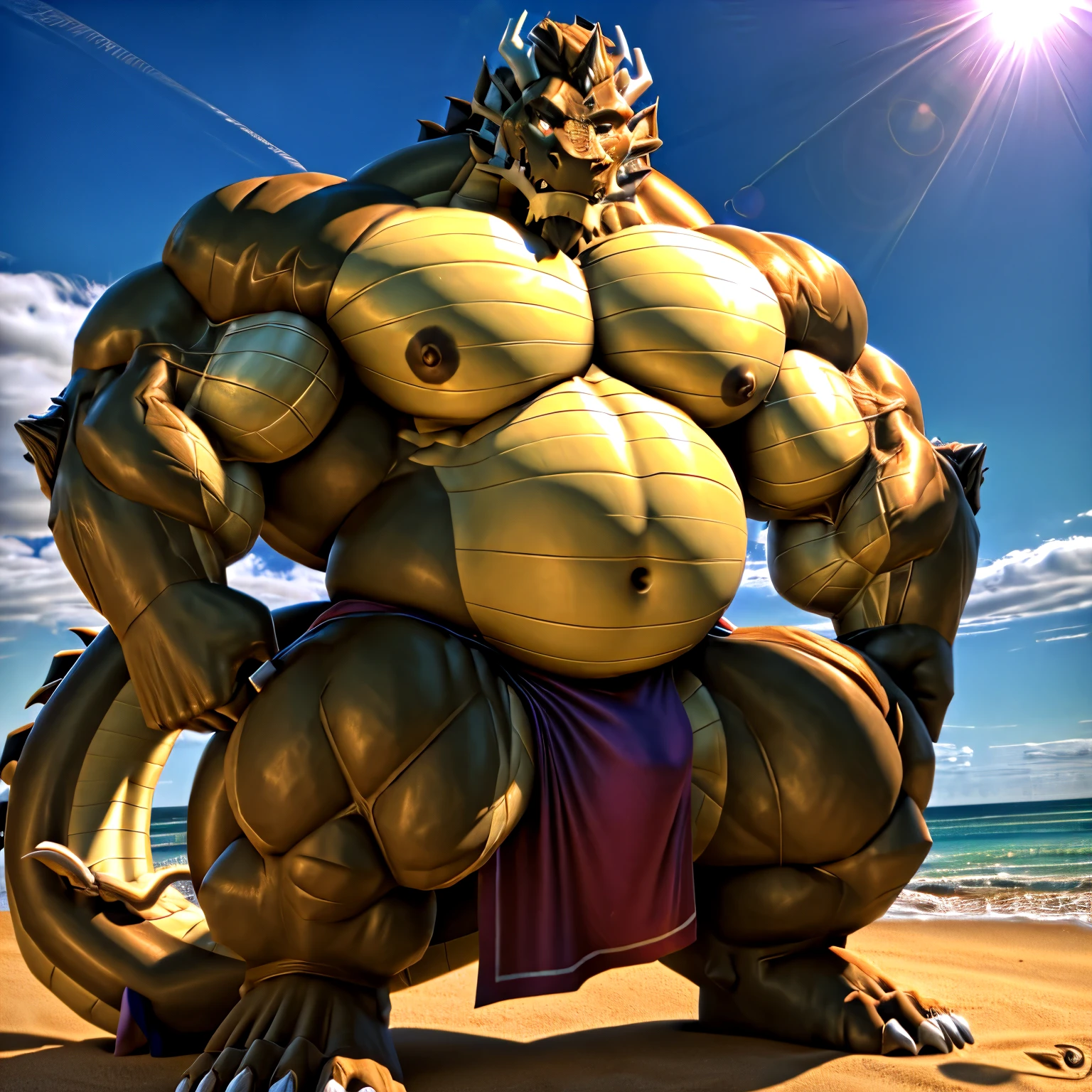 shendu, eastern dragon king, male dragon, eastern dragon,hefty body,  with very big muscles, hulking, huge, colossal body,  extremely strong, big abdominal muscles, hefty musclegut, pecs, Strong and robust musclegut , prominent muscle abs, sharp claws, legs,  feet, full body, loincloth,  HDR, nipples, sunlight, daylight, outdoor, bright , at noon,  good weather,  4k, best quality .