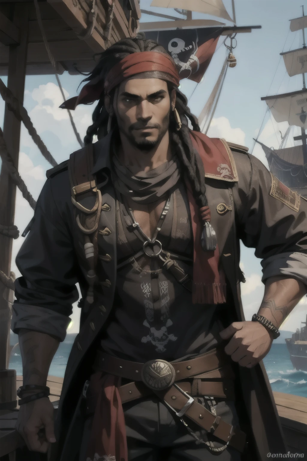 large male black skin, dread locks, pirate, below deck of a pirate ship, fully clothed, red bandana, hook hand, fully clothed