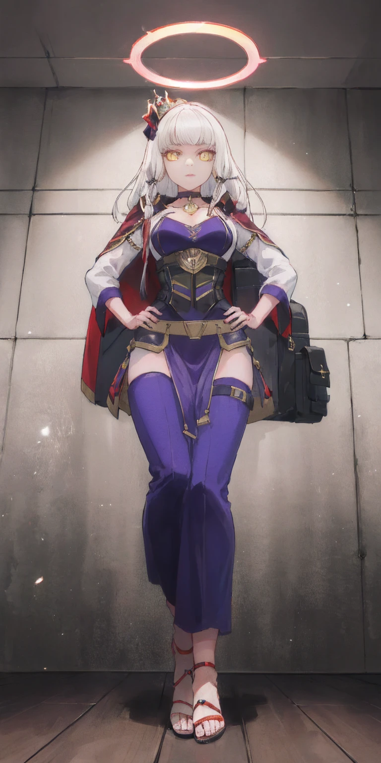 paladin lady in ornate golden armor, black collar, pauldrons, breastplate, corset, glowing halo, single braid, blonde, yellow glowing eyes, bright pupils, eye focus, red cape, temple indoors, stained glass windows, night, moonlight, particles, light beam, chromatic aberration, (full body, whole body. 1solo (girl). slave fighter, loincloth standing, hands on hips full body, whole body. 1solo (girl). slave fighter, loincloth standing, hands on hips, metal sandals, backpack, choker, big belt, view from below, feet together, bracers, tiara)