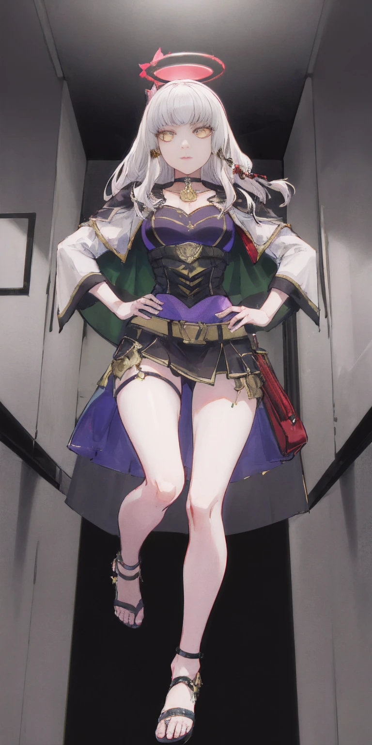 paladin lady in ornate golden armor, black collar, pauldrons, breastplate, corset, glowing halo, single braid, blonde, yellow glowing eyes, bright pupils, eye focus, red cape, temple indoors, stained glass windows, night, moonlight, particles, light beam, chromatic aberration, (full body, whole body. 1solo (girl). slave fighter, loincloth standing, hands on hips full body, whole body. 1solo (girl). slave fighter, loincloth standing, hands on hips, metal sandals, backpack, choker, big belt, view from below, feet together, bracers, tiara)