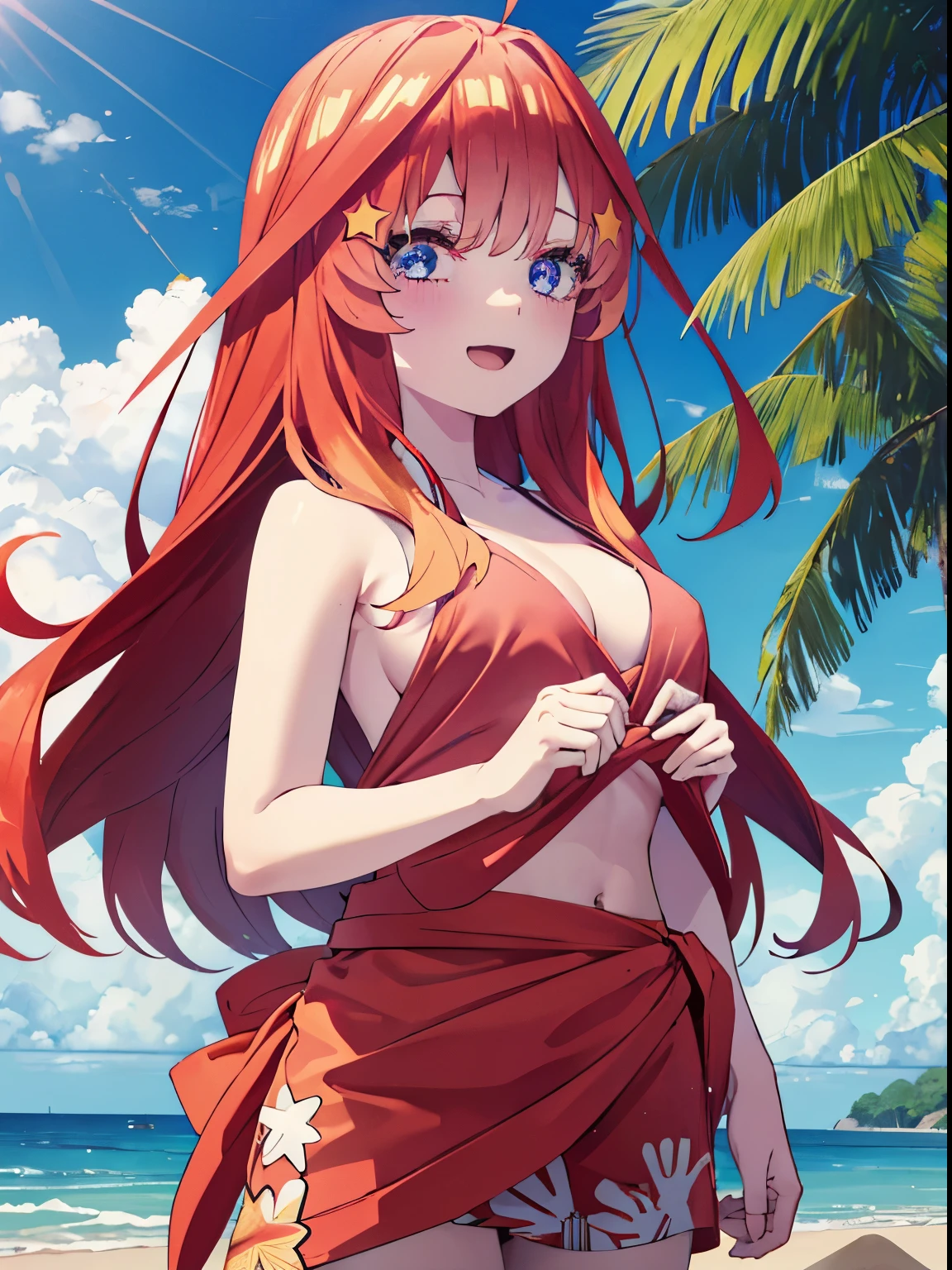 itsukinakano, itsuki nakano, bangs, blue eyes, hair between eyes, Ahoge, redhead, star \(symbol\), hair ornaments, star hair ornaments,happy smile, smile, open your mouth,skirt,big straw hat,Red Bikini Swimsuit,naked belly,A light red blanket is wrapped around his waist..., (beach salon),  big breasts,((salon)), beach outfit,real summer,Palm tree,
break outdoors, beach,
break looking at viewer, (cowboy shot:1.5),
break (masterpiece:1.2), highest quality, High resolution, unity 8k wallpaper, (shape:0.8), (fine and beautiful eyes:1.6), highly detailed face, perfect lighting, Very detailed CG, (perfect hands, perfect anatomy),