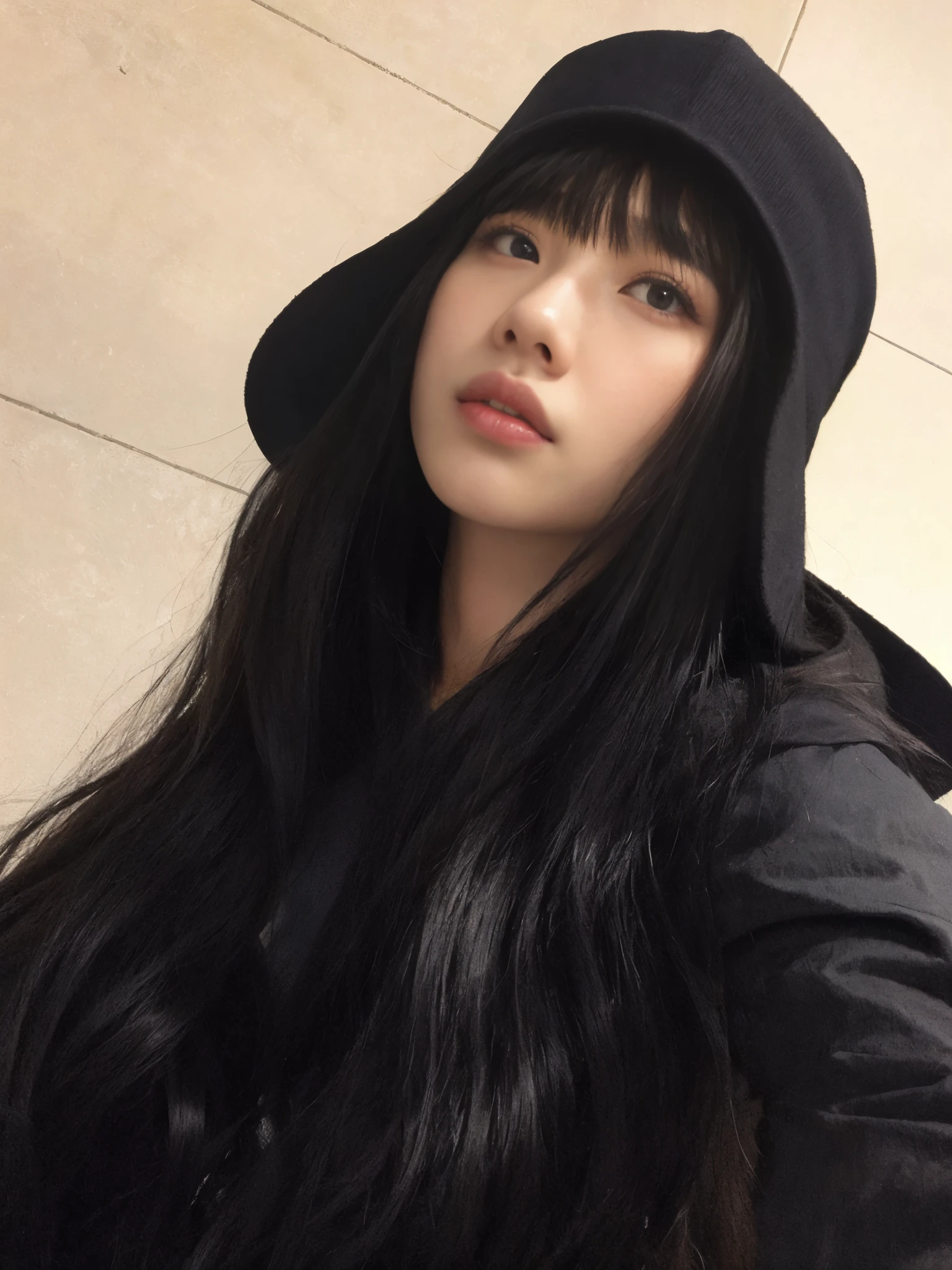 a close-up of a woman with long black hair and a black cap, jennie kim face, ela tem cabelo preto com franja, cabelo preto longo com franja, coreana, cabelo longo e escuro com franja, cabelo longo com franja completa, cabelo preto com franja, cruel korean goth jennie, cabelo longo com franja, Asian with long hair, corte de cabelo preto hime