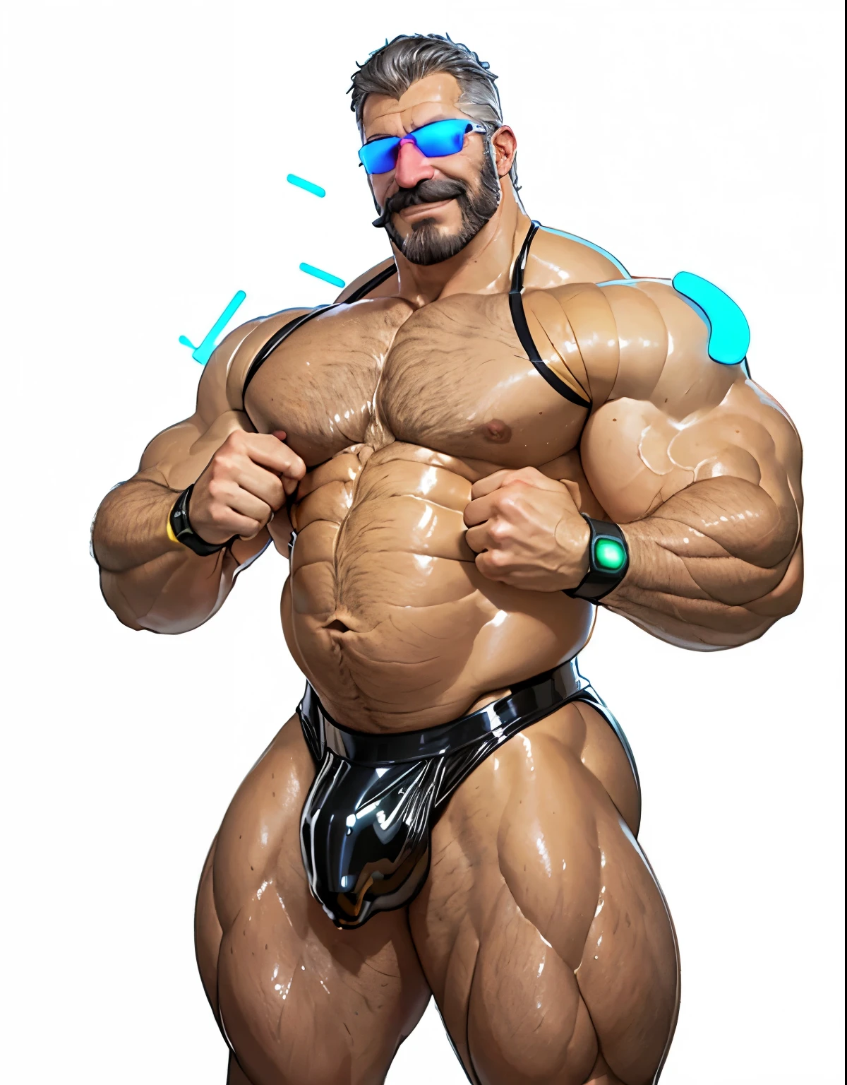 full body portrait, strong burly hairy mature older man(space captain), wearing futuristic captain's uniform insignia (neon and black) (open and revealing) (latex) , gray hair, reflective sunglasses (neon yellow rims), broad shoulders, round belly, thick feet, bulging micro thong, barefoot, scifi spaceship captain uniform, neon lights, best quality elegant masterpiece, face looks like Tom Selleck (Magnum PI) , military buzzcut, dark mustache, gray stubble, latex, wearing a latex thong, big bulging crotch, futuristic gear equipment, wearing see through plastic chest armor (neon yellow and electric blue), wearing neon yellow see through chest armor, wearing electric blue latex chaps(see-through) , wearing cool neon sneakers,in spaceship cockpit, lying in spaceship sleeping quarters(bed) (view from above), smiling with teeth showing, nicebulge, waiting in bed, glowing armor, legs up(!) and spread(!) , big muscle ass, wet and dripping ass, visible asshole(!) , wet asshole, hairy pecs, thick long legs, silver hair