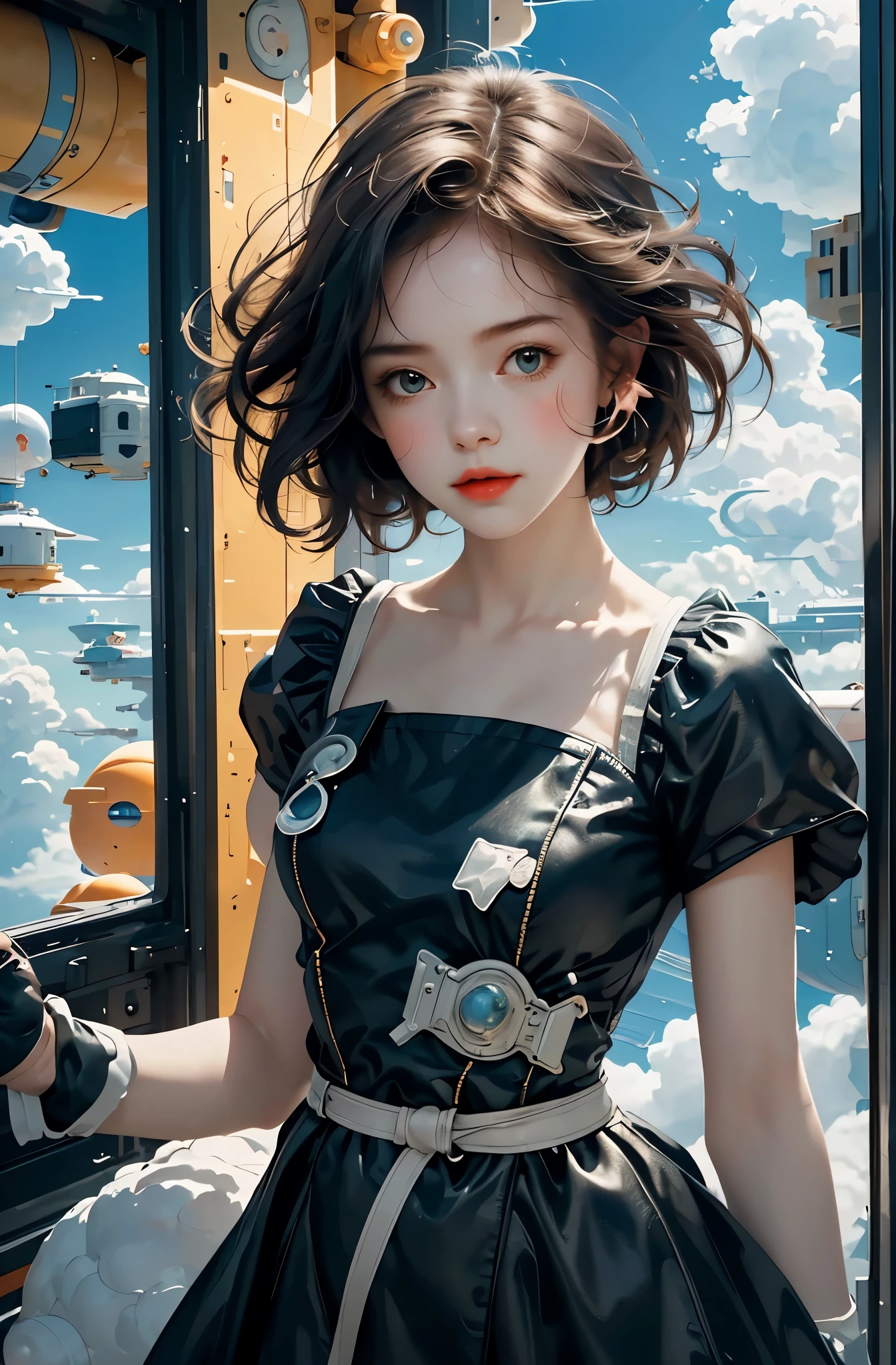 masterpiece, best quality, movie still, 1girl, floating in the sky, cloud girl, cloud, (close-up:1.1), bright, happy, fun, soft lighting, (Bauhaus, shapes, lines, abstract:1.1)