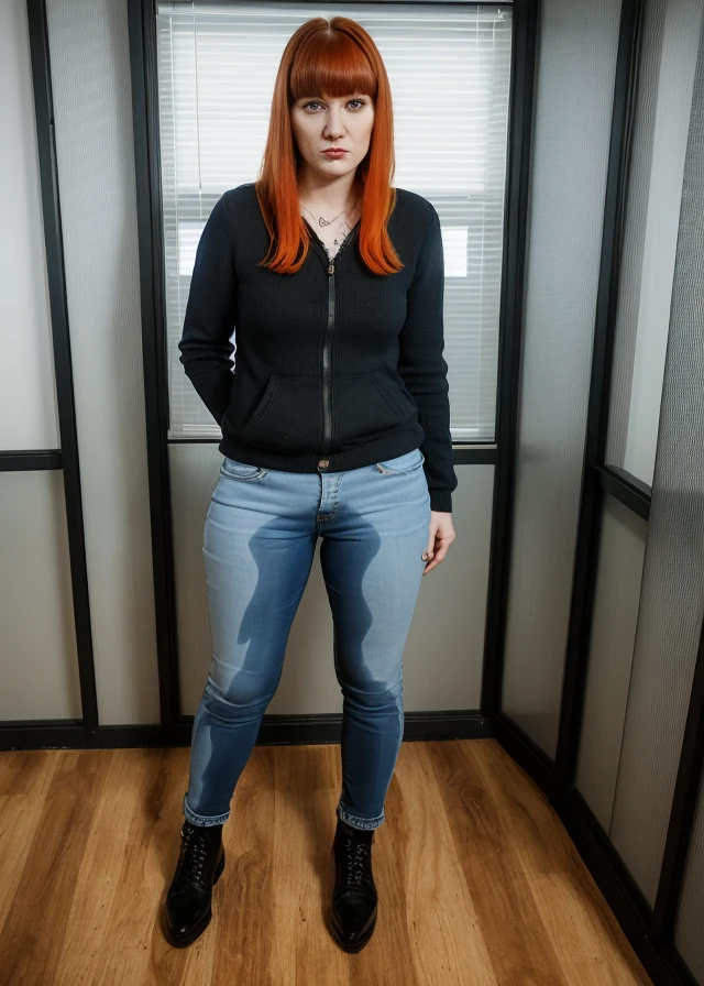 (pp clothes), fashion photo, sad expression, tears, ginger woman, bangs, goth, tight blue jeans, office
