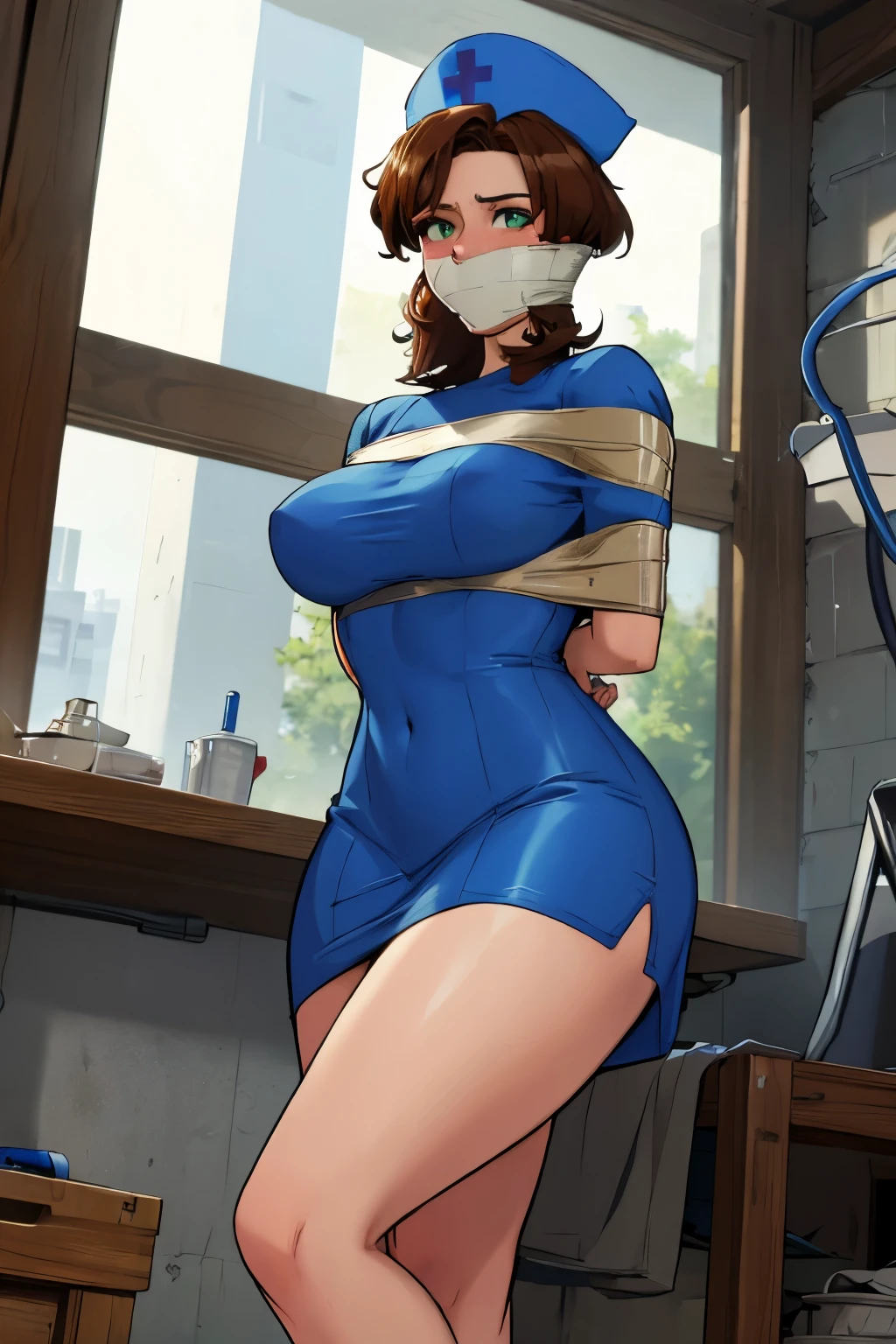 1womanl, Nurse, brown hair, green eyes, Standing, hospitals,  a matural female, 35 year old, Best Quality, , bondage, gagged, clothes,blue dress,blue headwear,nurse cap,nurse ,blue scrub,arms behind the back,big breast,curvy