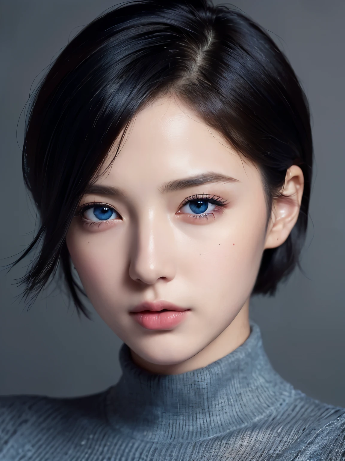 (masterpiece:1.3), (8K, realistic, Raw photo, highest quality:1.4), (realistic face), (black hair, short hair:1.3), beautiful hairstyle, realistic eyes, Detailed and beautiful blue eyes), (realistic skin), beautiful skin), (sweater), Charm, ultra high resolution, surreal, golden ratio, ((bust shot))