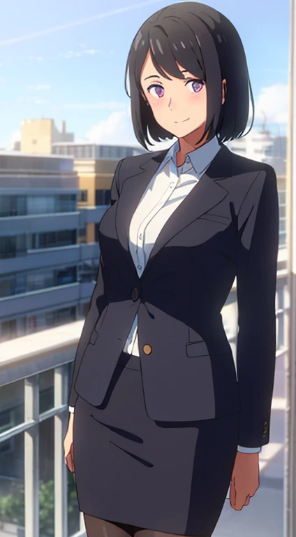 shinkai makoto, kimi no na wa., 1girl, bangs, black hair, blush, dark purple eyes, sky, cloud, looking at the viewer, outdoors, short hair, smile, solo, suit, office lady, black skirt, black blazer, pencil skirt, white shirt, collared shirt, brown pantyhose, teenager, europe, sweden, stockholm