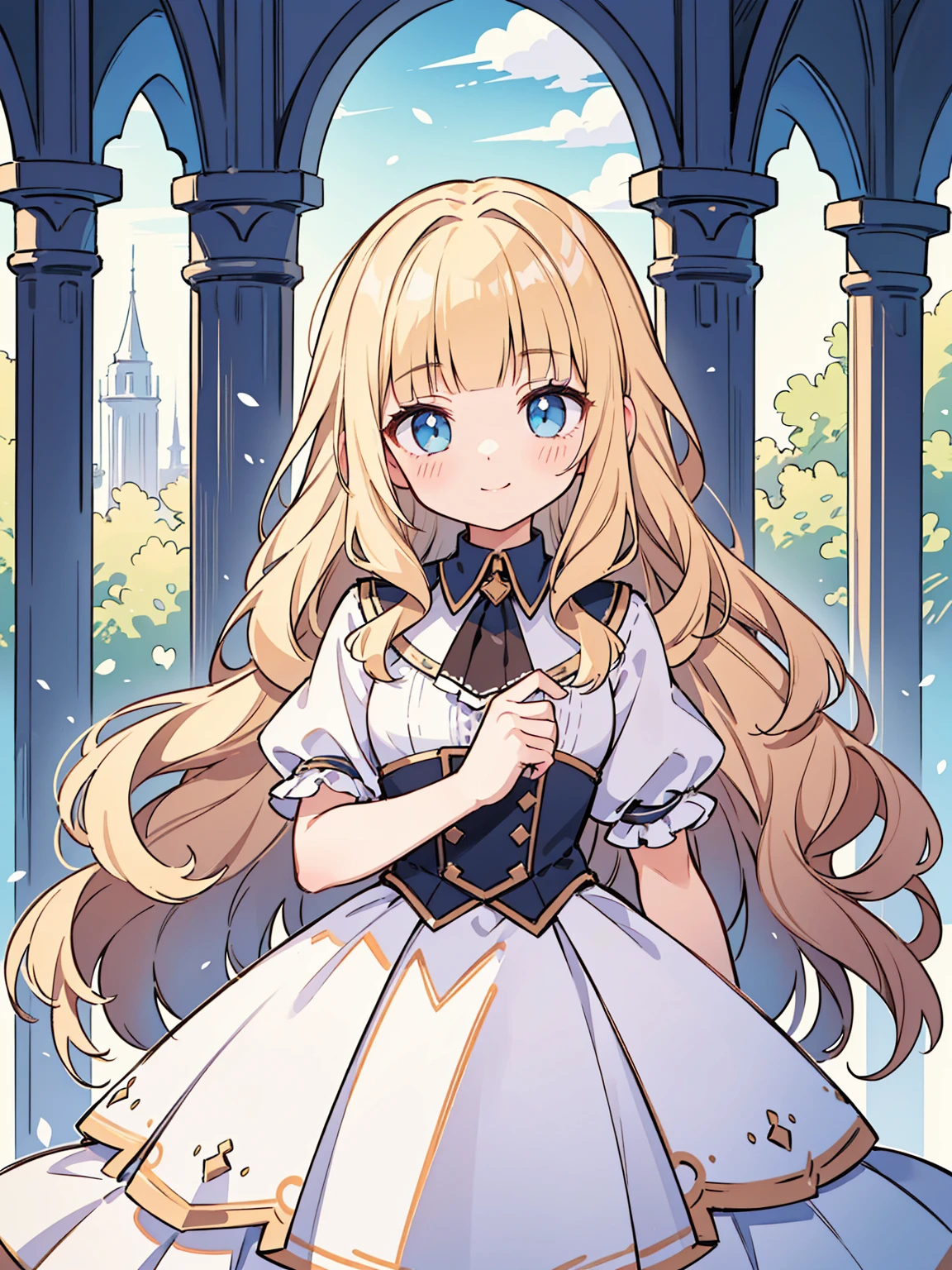 High quality, Ultra detailed, best quality, insanely detailed, masterpiece, beautiful illustrations, highest quality, pretty girl, very cute, 1girl, standing, pastel colour, blonde hair, wavy long hair, (blunt bangs), caucasian, bright lighting, sky-blue eyes, soft smile, looking at viewer
