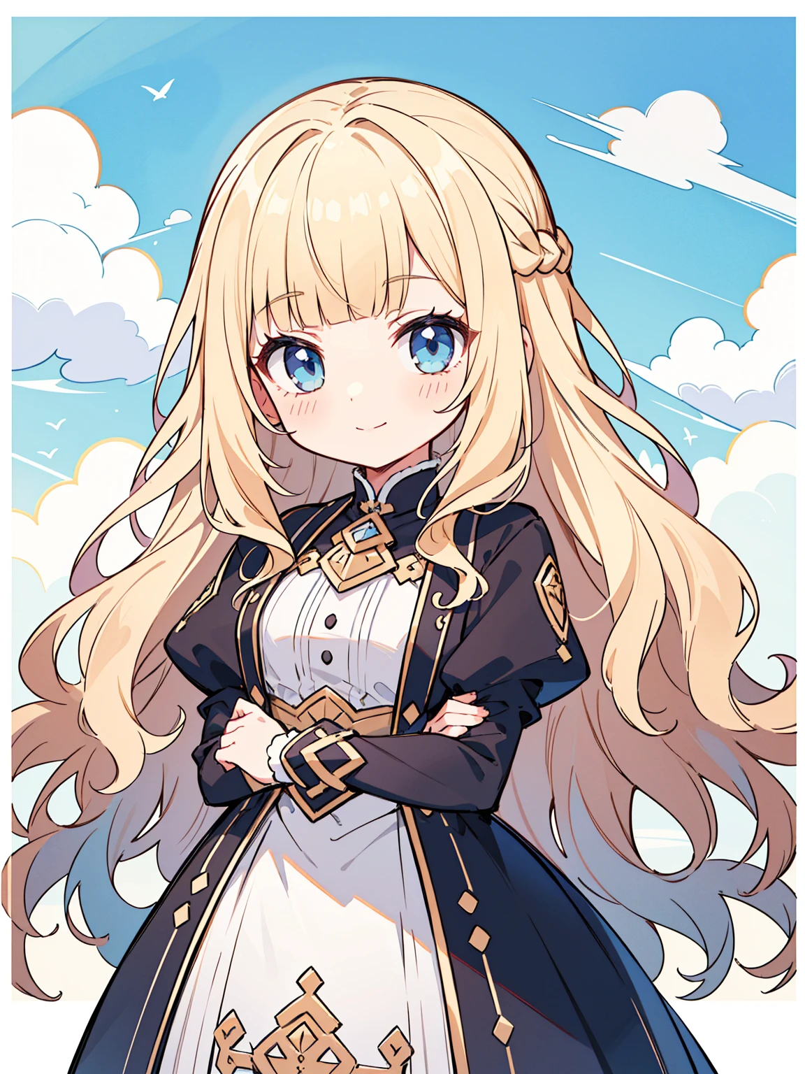High quality, Ultra detailed, best quality, insanely detailed, masterpiece, beautiful illustrations, highest quality, pretty girl, very cute, 1girl, standing, pastel colour, blonde hair, wavy long hair, (blunt bangs), caucasian, bright lighting, sky-blue eyes, soft smile, looking at viewer