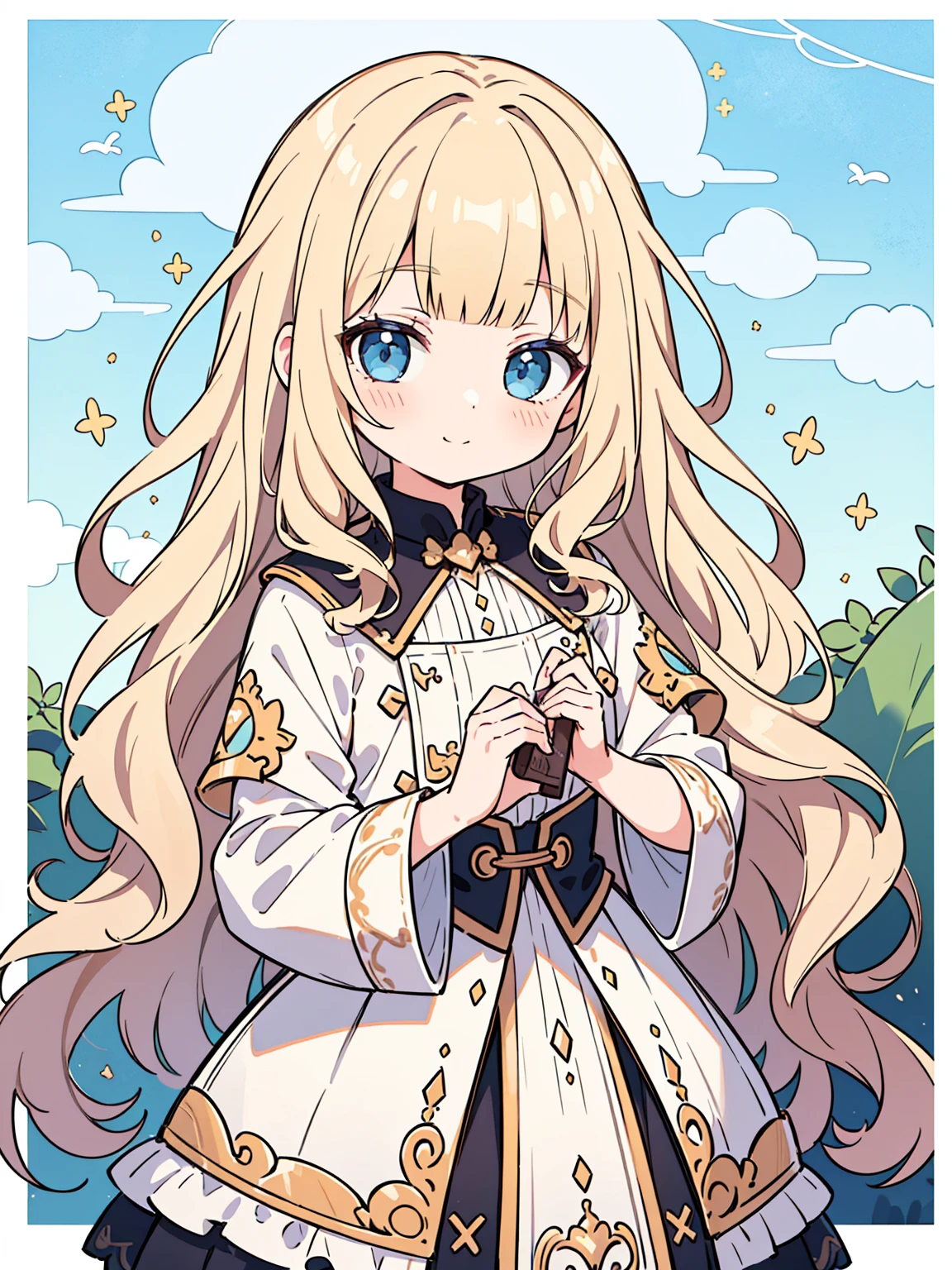 High quality, Ultra detailed, best quality, insanely detailed, masterpiece, beautiful illustrations, highest quality, pretty girl, very cute, 1girl, standing, pastel colour, blonde hair, wavy long hair, (blunt bangs), caucasian, bright lighting, sky-blue eyes, soft smile, looking at viewer