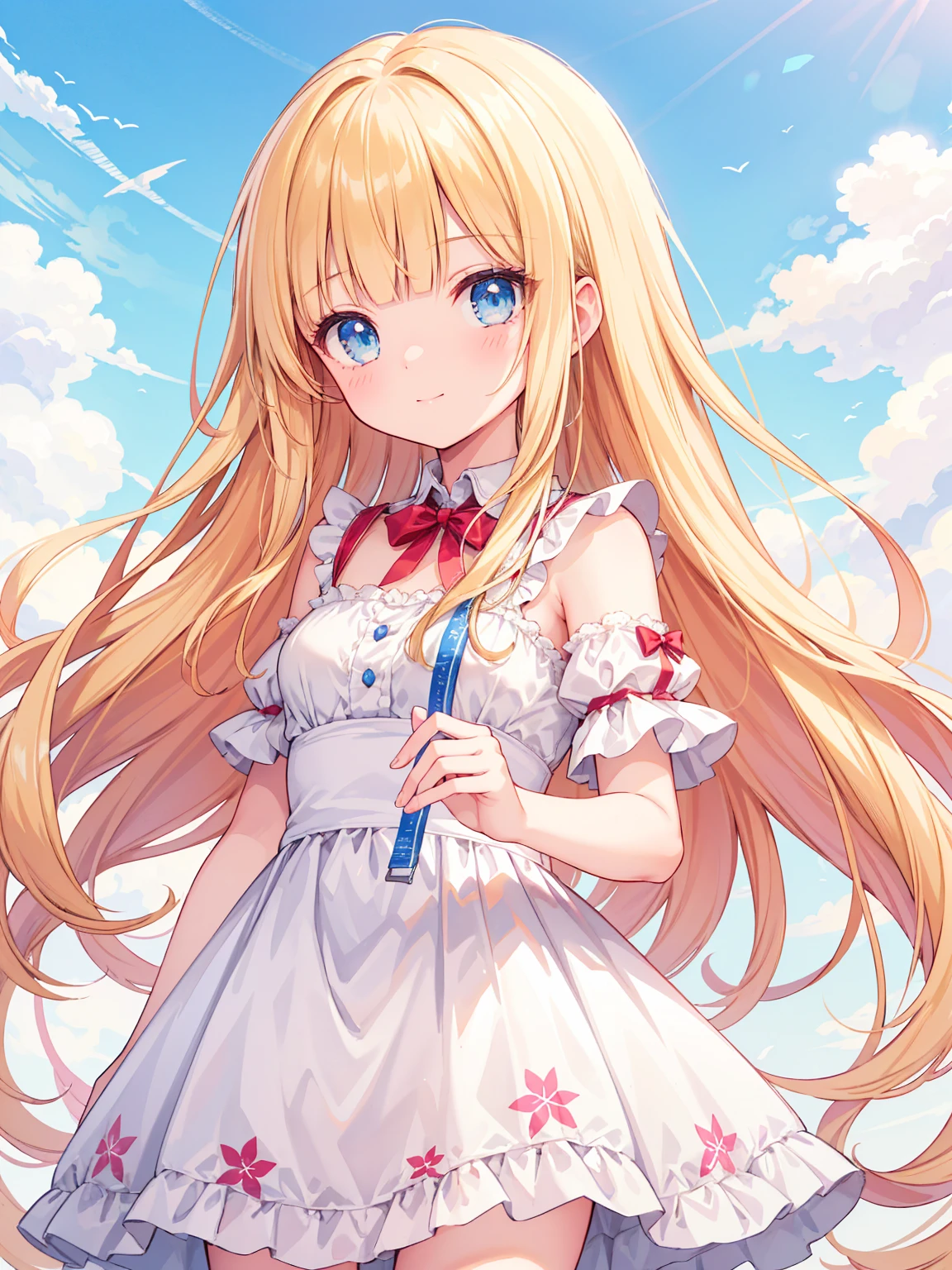 High quality, Ultra detailed, best quality, insanely detailed, masterpiece, beautiful illustrations, highest quality, pretty girl, very cute, 1girl, standing, pastel colour, blonde hair, wavy long hair, (blunt bangs), caucasian, bright lighting, sky-blue eyes, soft smile, looking at viewer