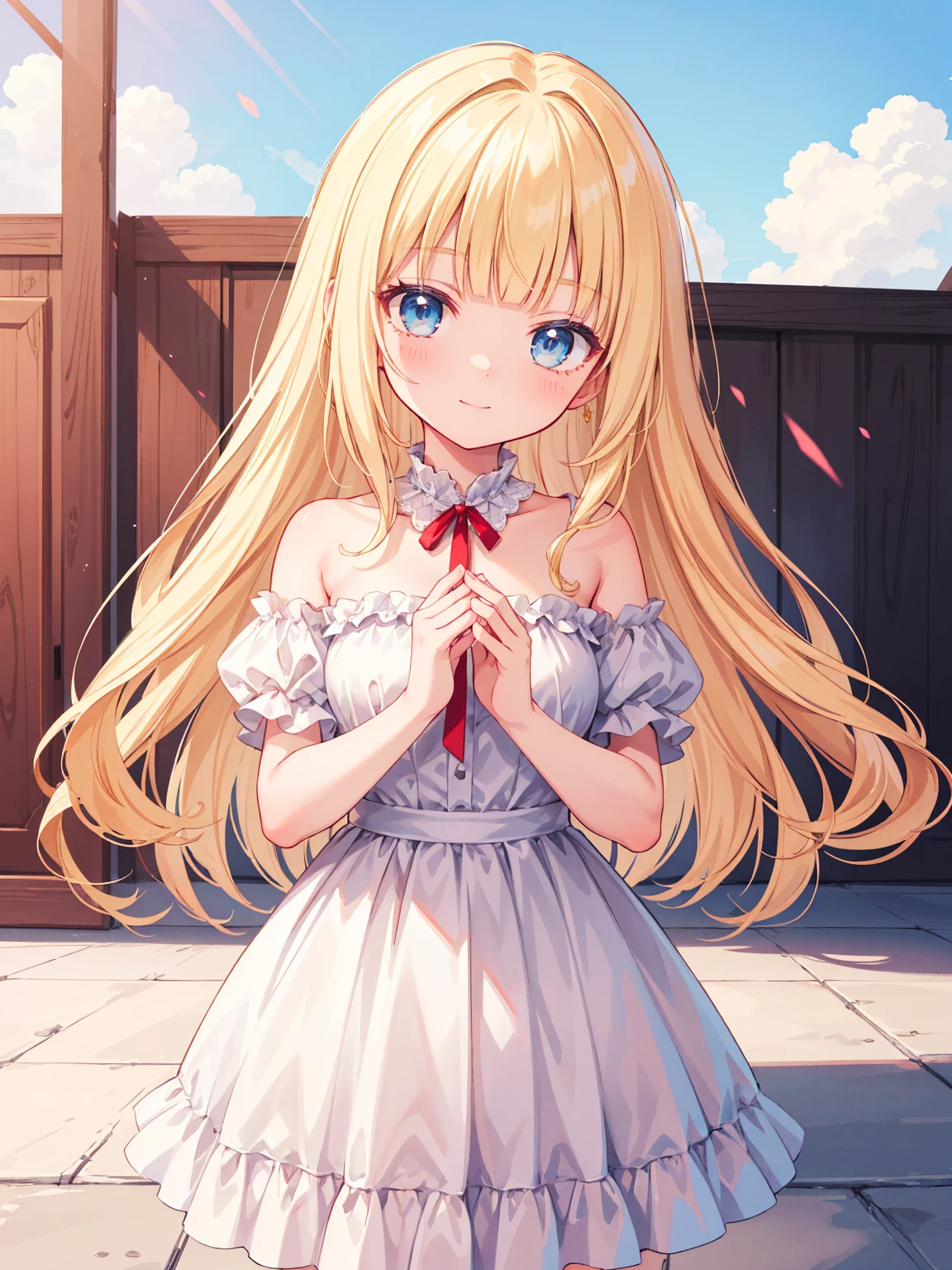 High quality, Ultra detailed, best quality, insanely detailed, masterpiece, beautiful illustrations, highest quality, pretty girl, very cute, 1girl, standing, pastel colour, blonde hair, wavy long hair, (blunt bangs), caucasian, bright lighting, sky-blue eyes, soft smile, looking at viewer